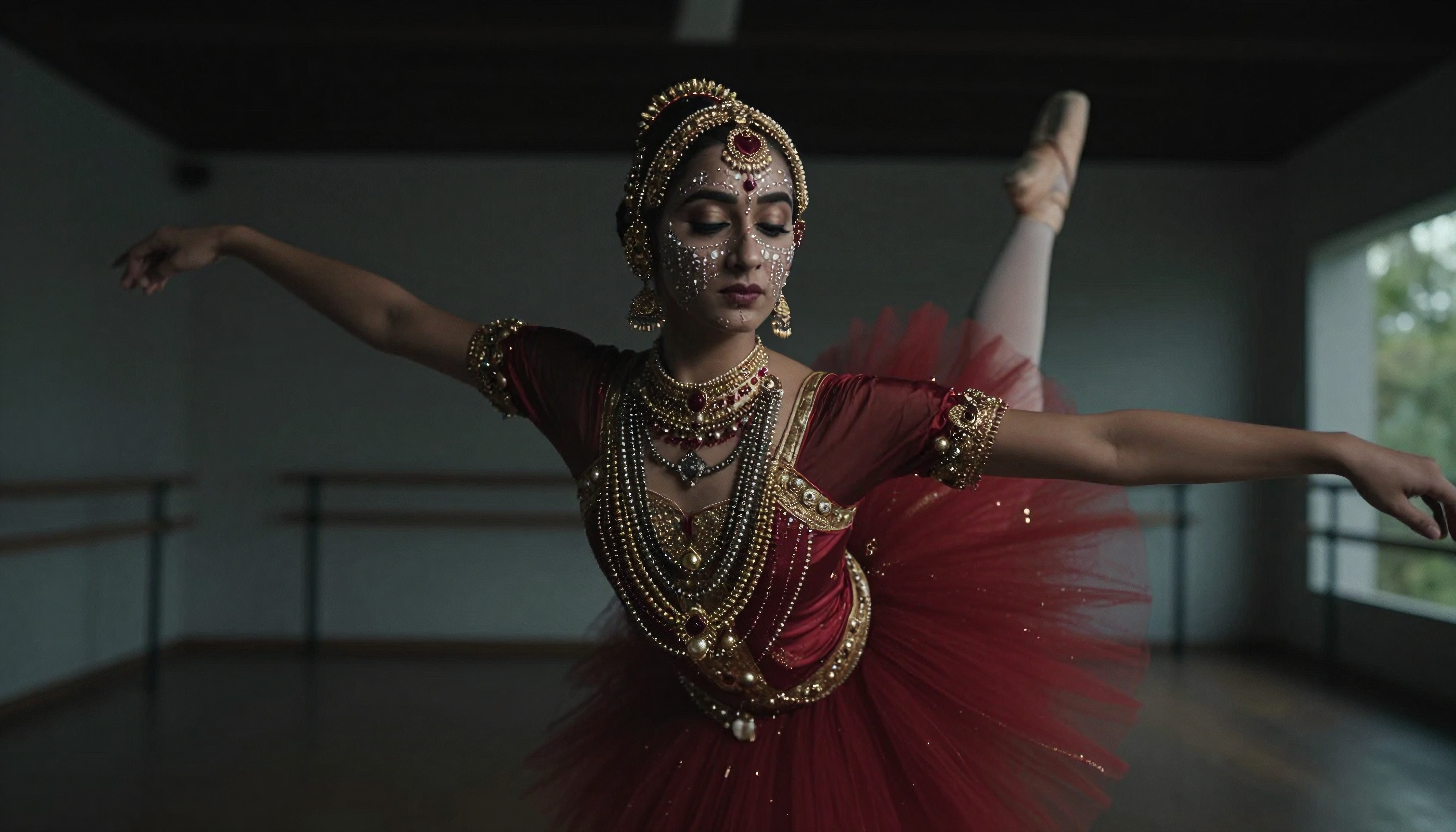 A dancer in a red tutu with gold jewelry and face art poses gracefully in a dance studio.