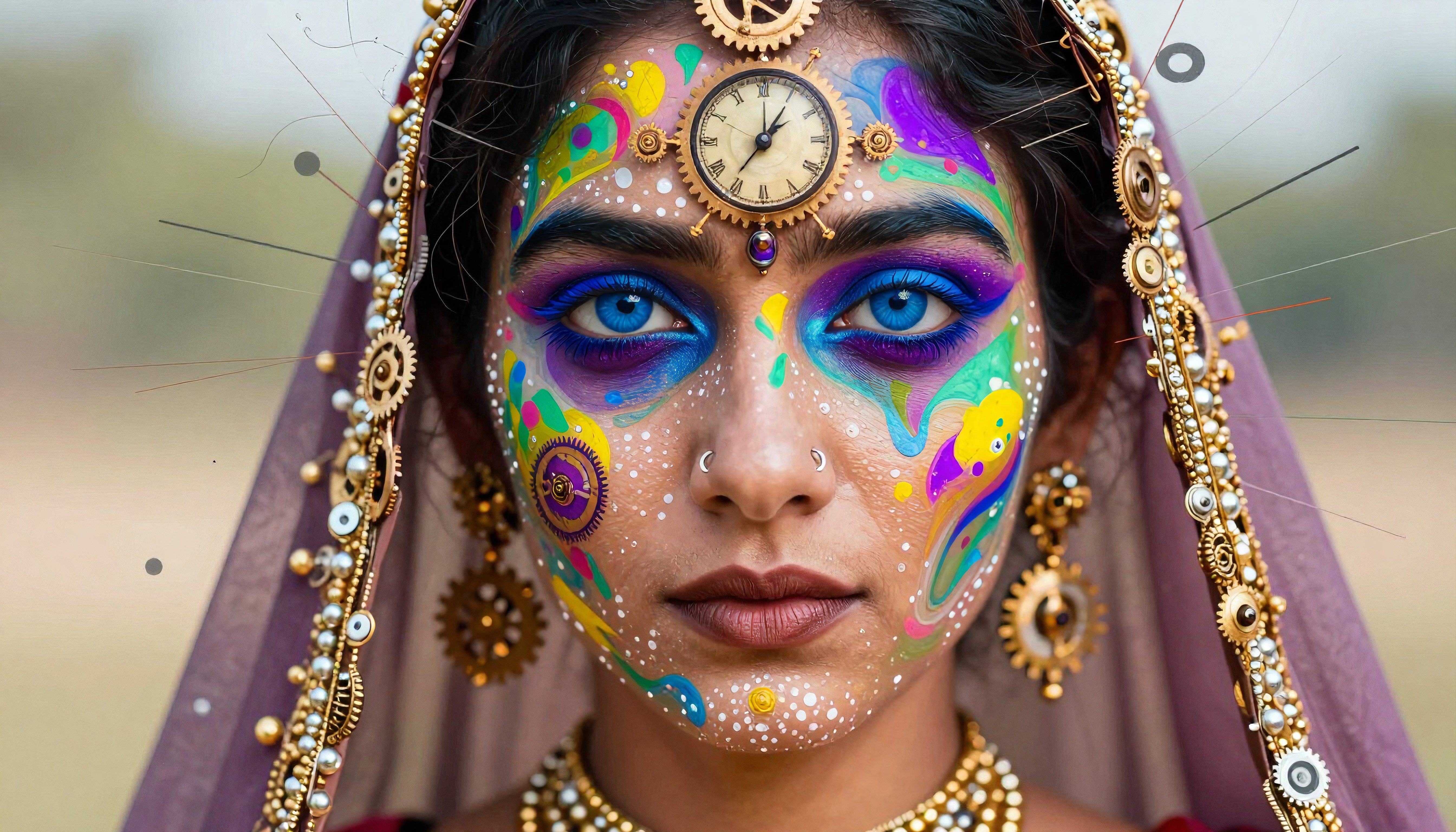 Vibrant Facial Art with Mechanical Elements and Traditional Jewe
