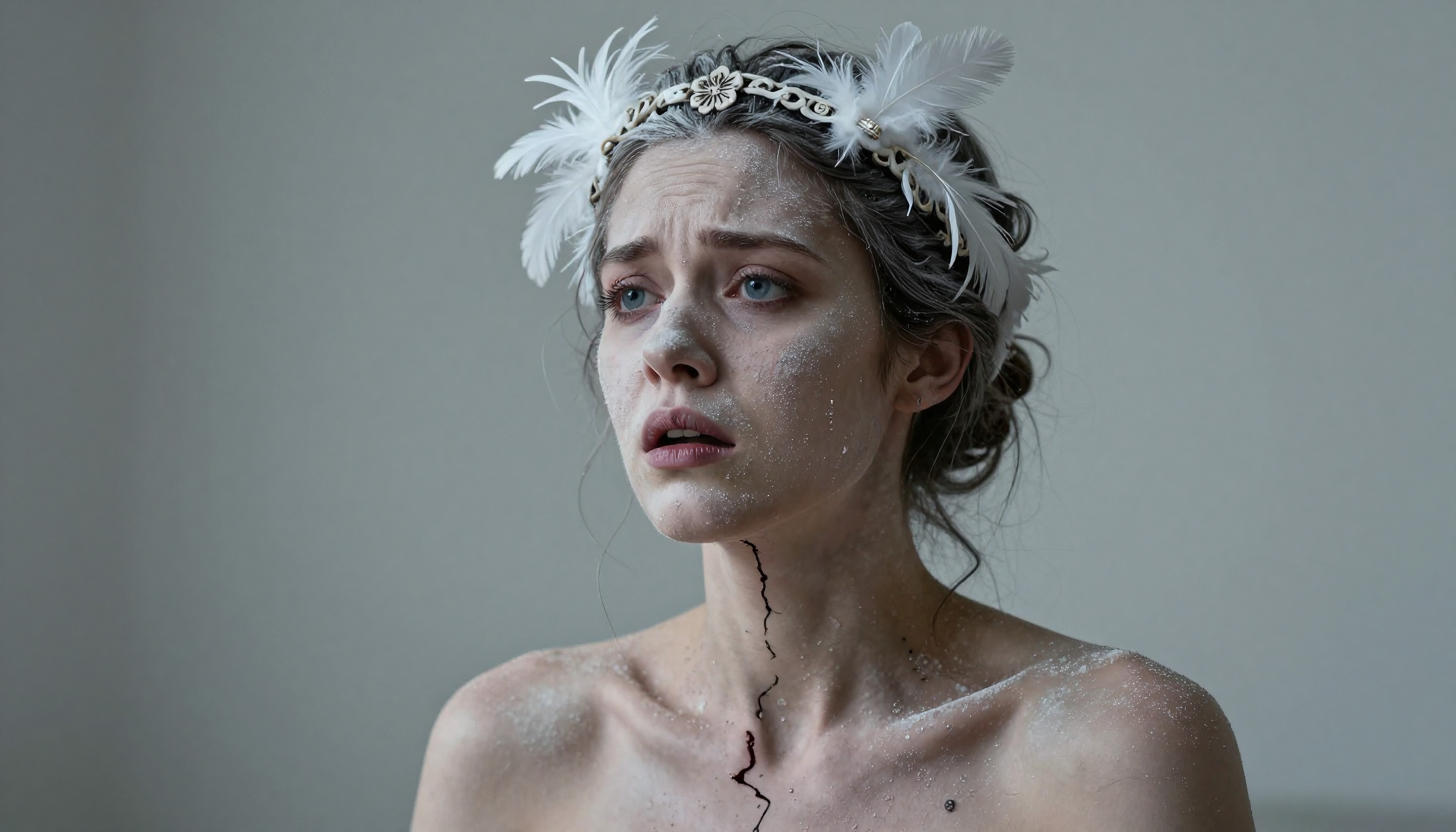 Woman with white feather headpiece powdered skin dark neck crack gray background