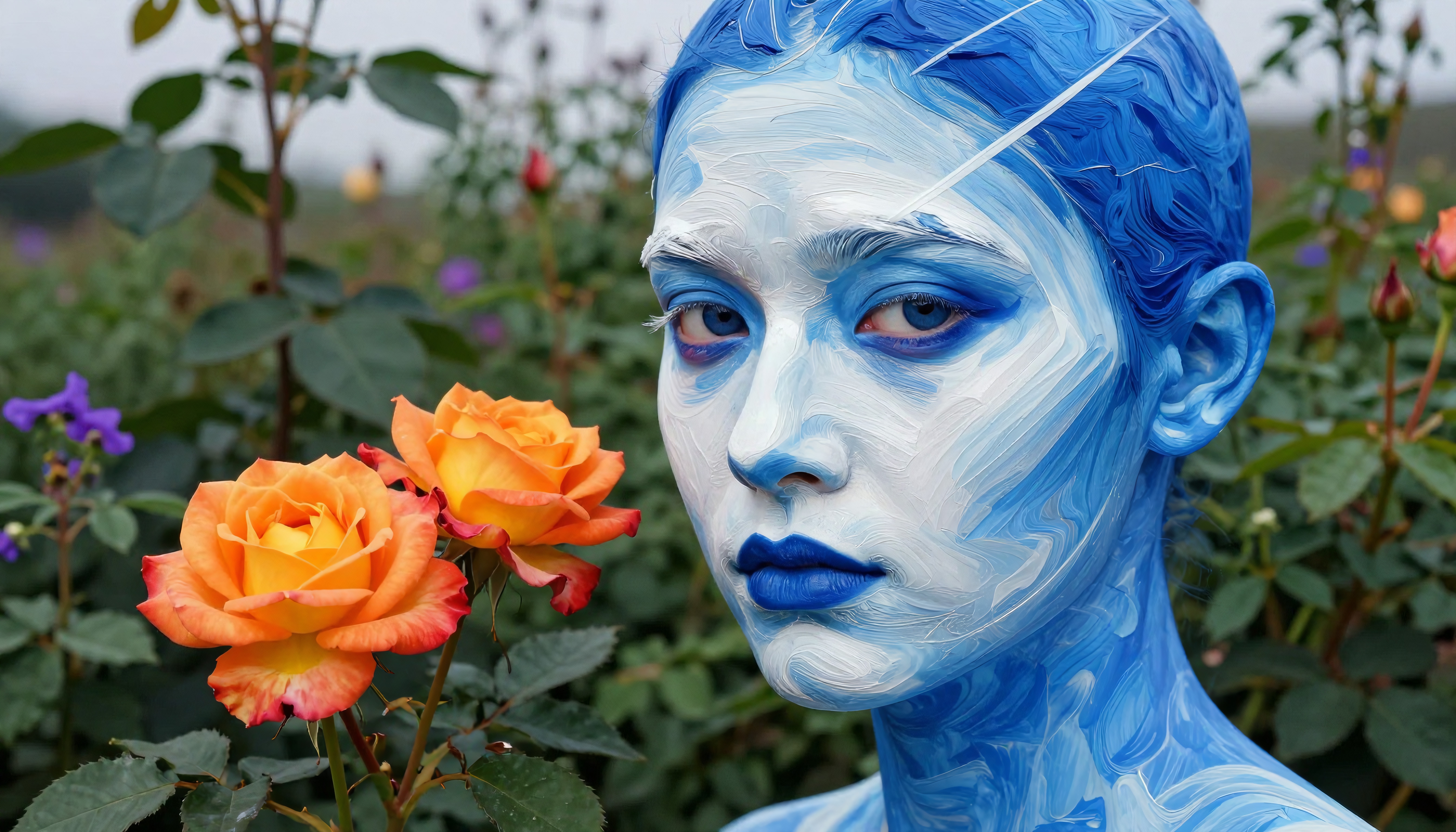 An artistic depiction of a painted person, with striking blue and white accents, beside vivid orange roses in a lush garden setting.