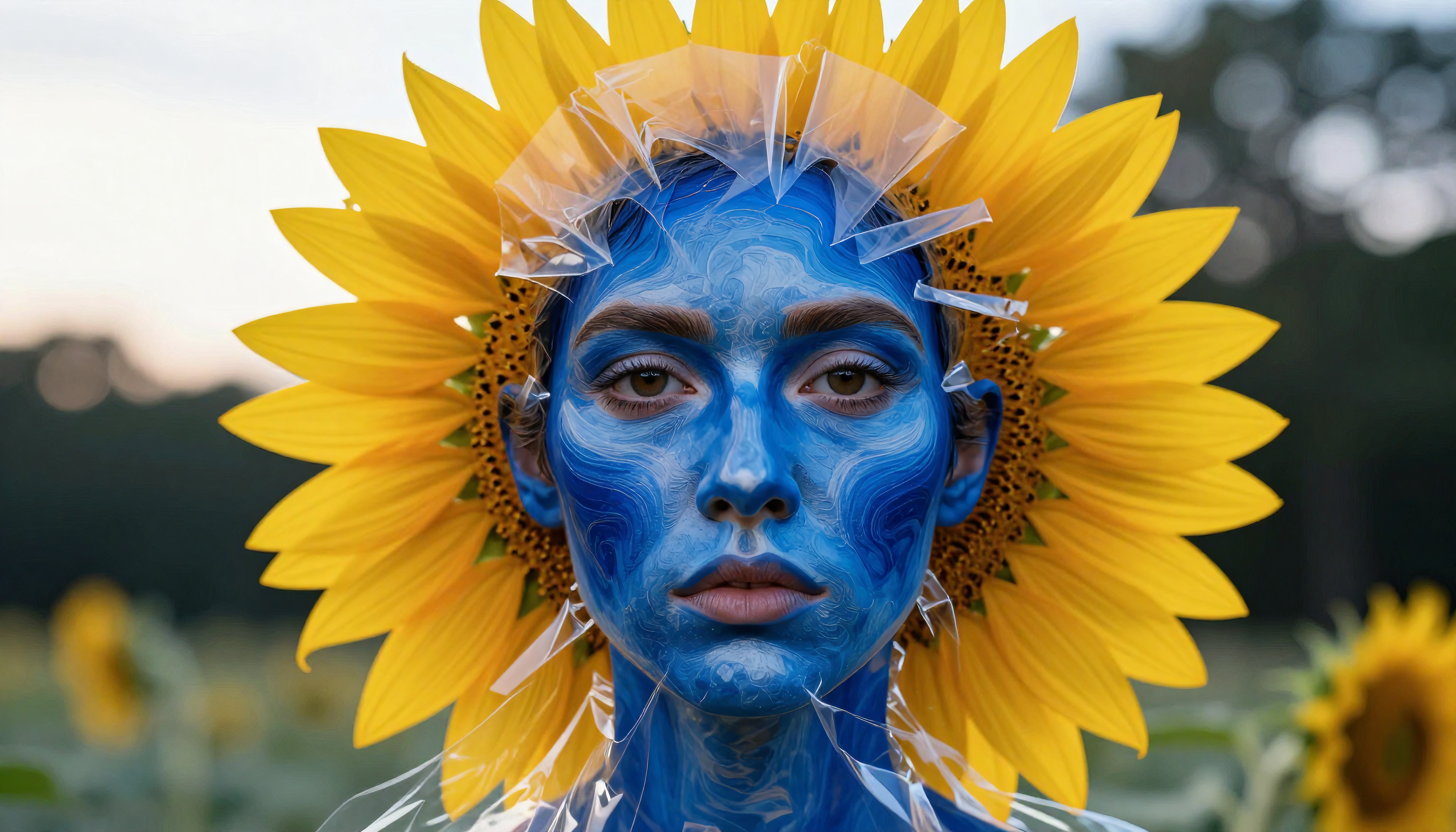 A person with blue painted face and sunflower halo.
