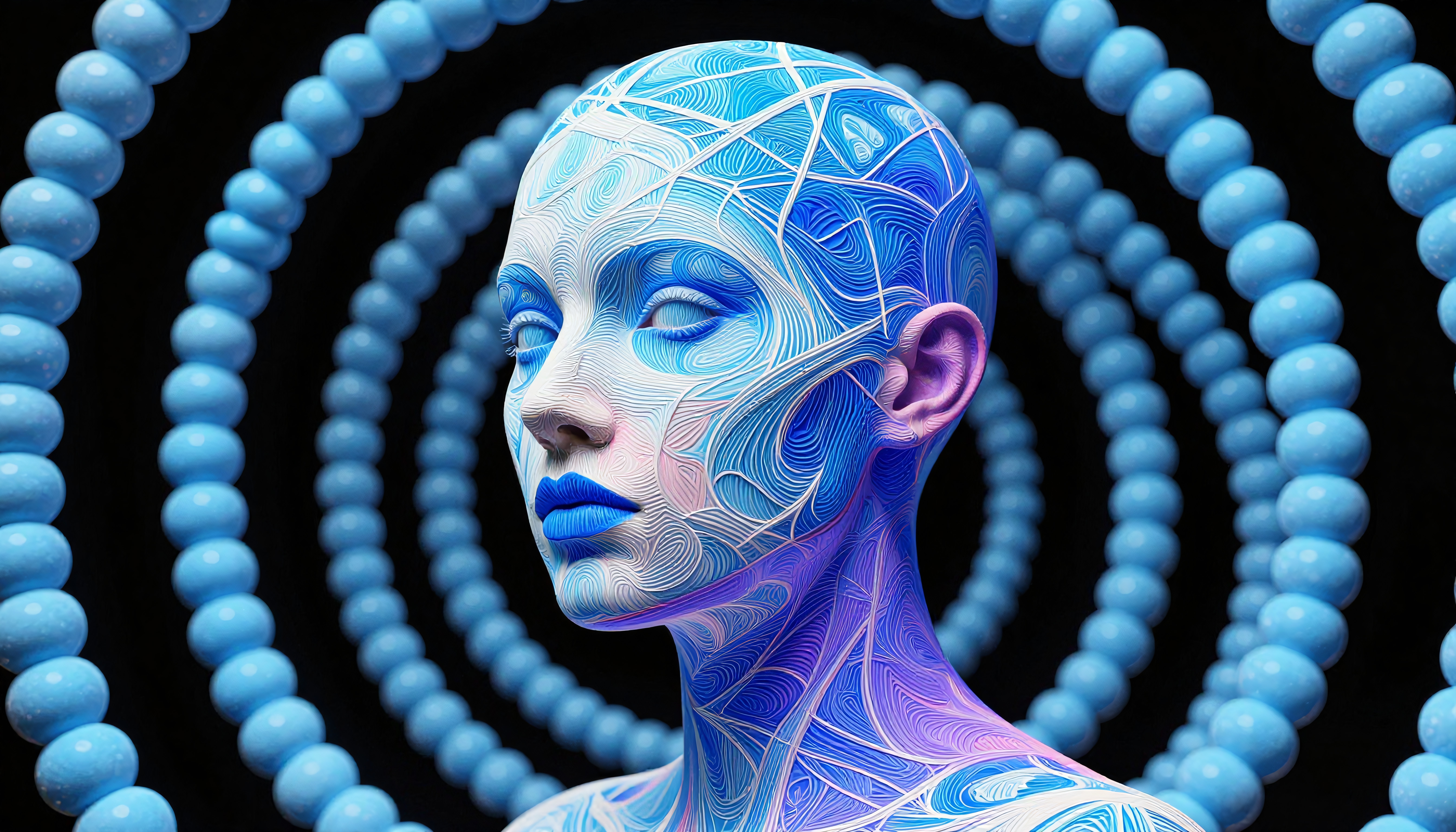A digital humanoid figure with swirling blue patterns and concentric circles in a futuristic design.