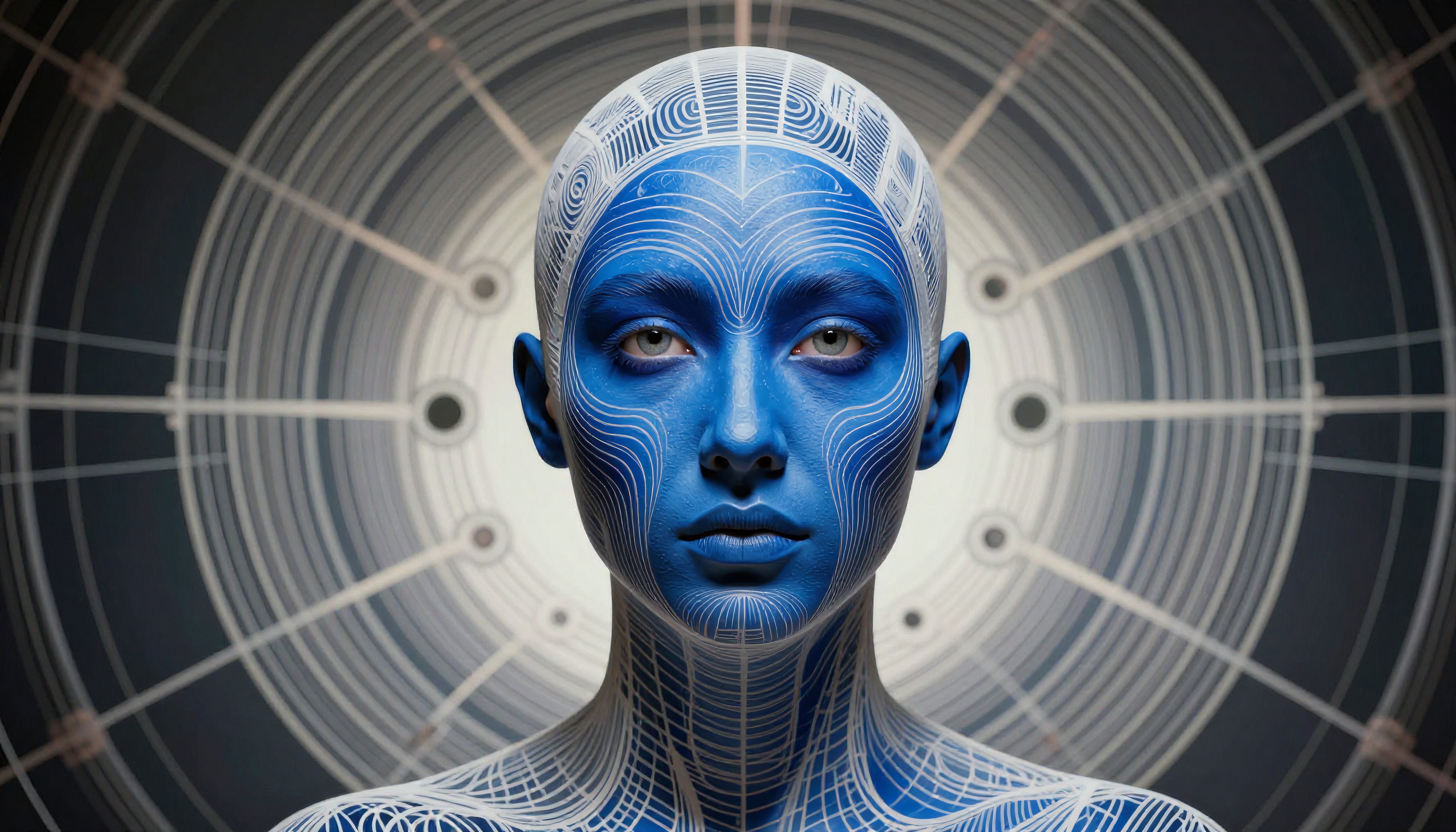 A portrait of a woman with blue skin and geometric patterns.