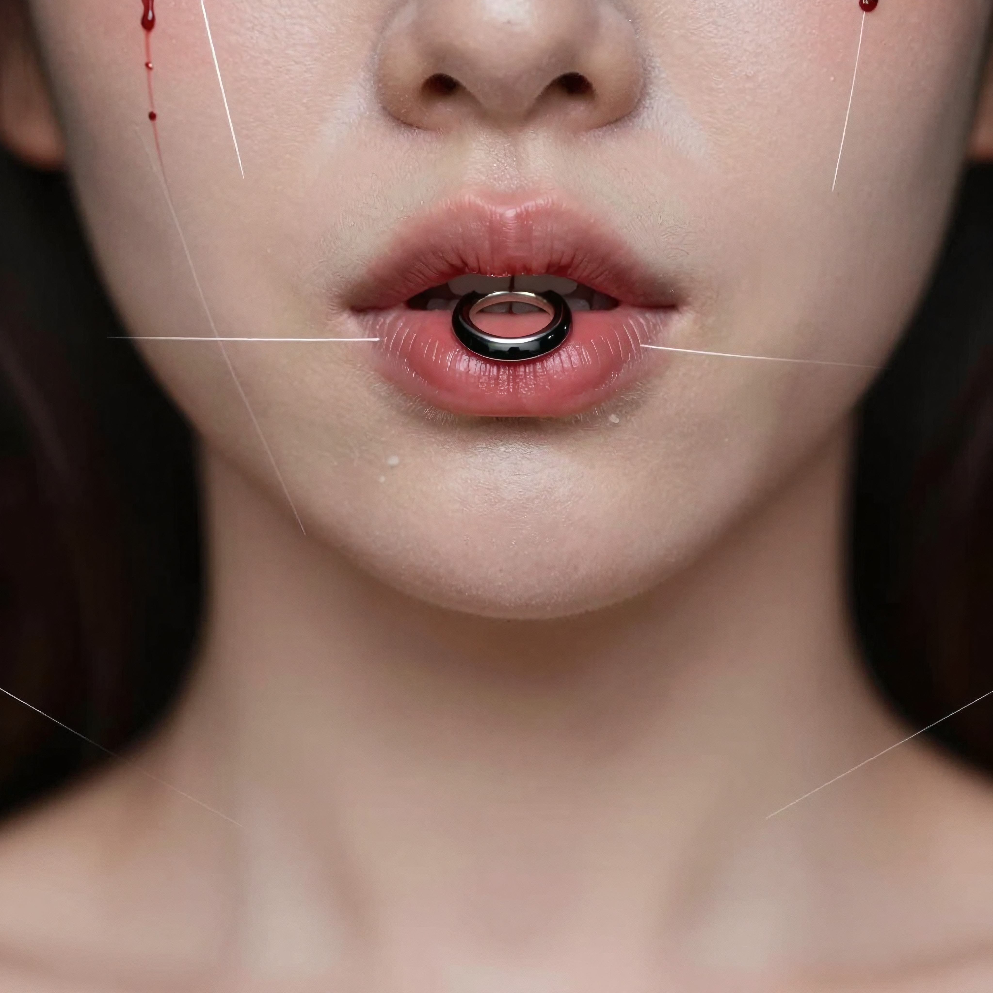 Artistic close-up of lips with metallic ring.