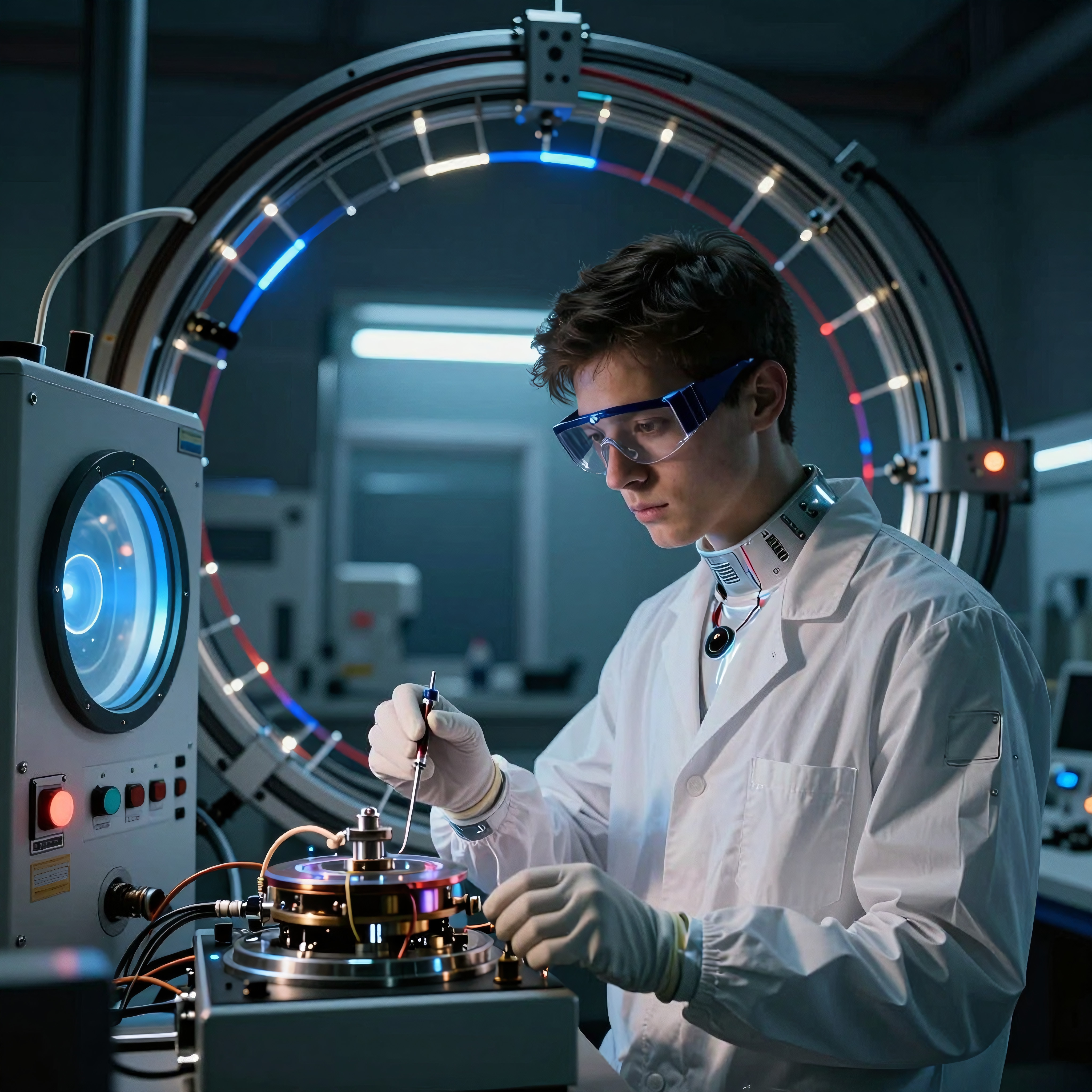 A young scientist in a modern laboratory setting, utilizing advanced equipment and focusing intently on an experiment under colorful LED lights.