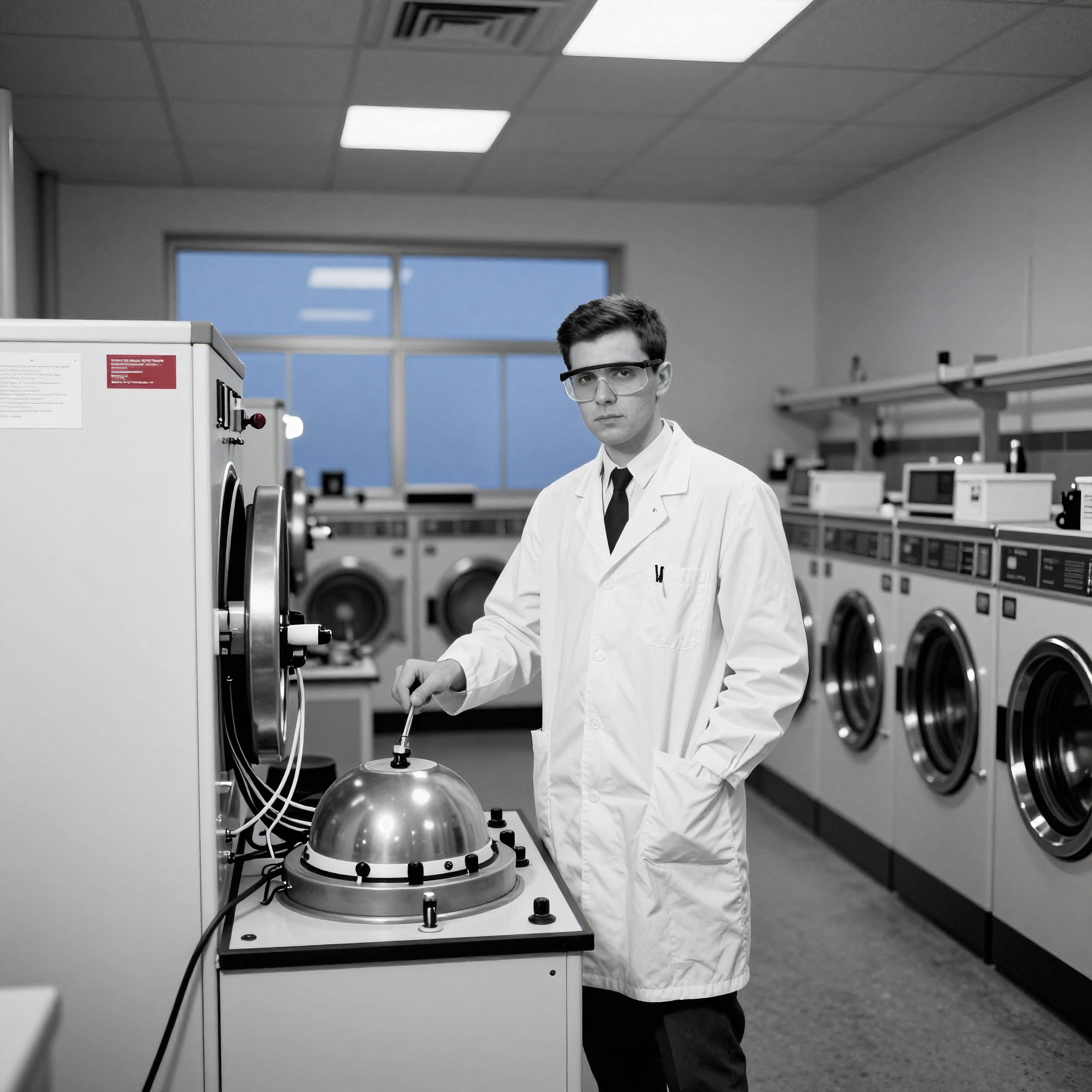 A scientist in a lab coat standing next to an industrial washing machine in a modern, well-lit laundry facility.
