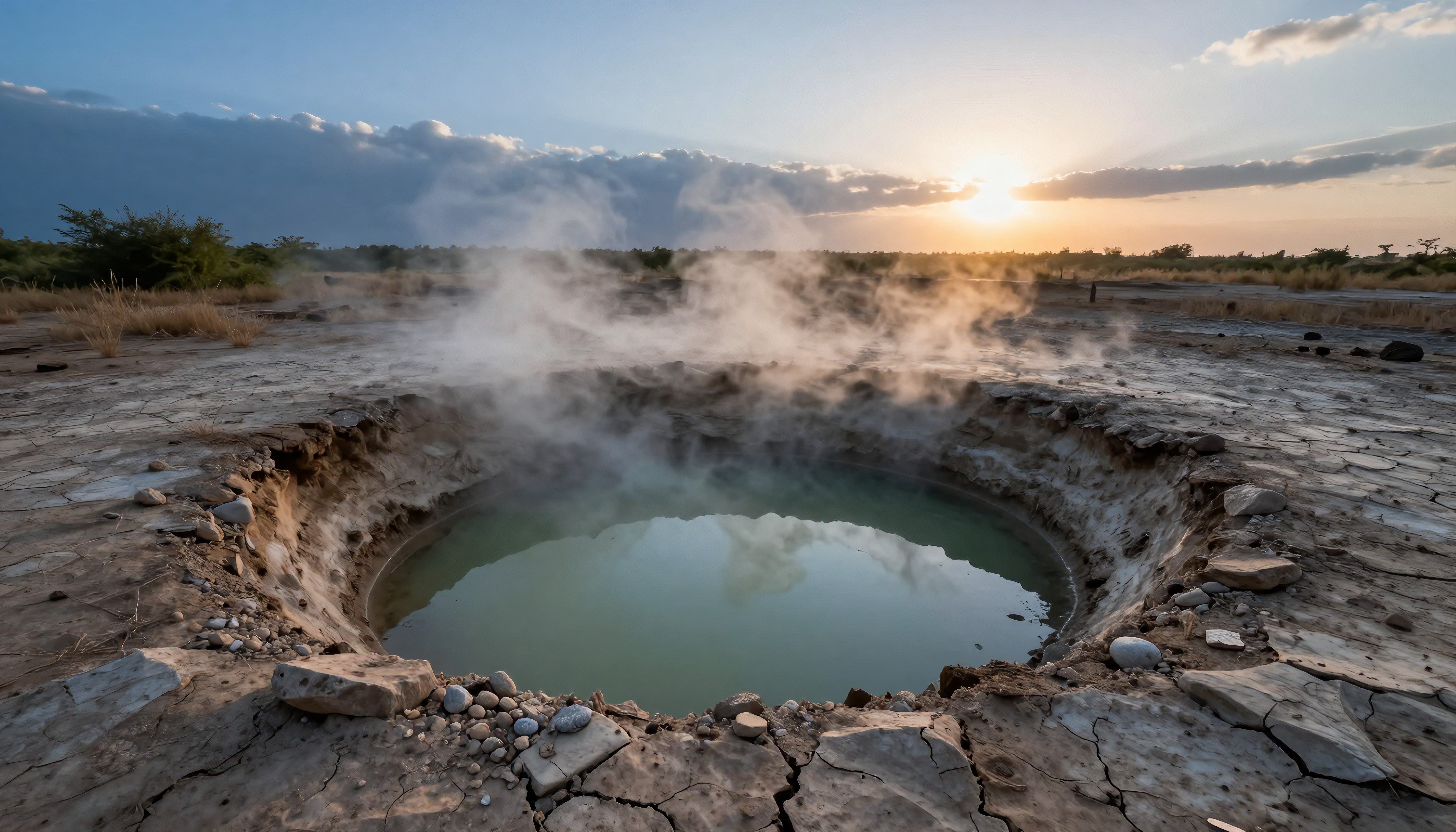 Geothermal hot spring emitting steam at sunset in a rocky landscape.