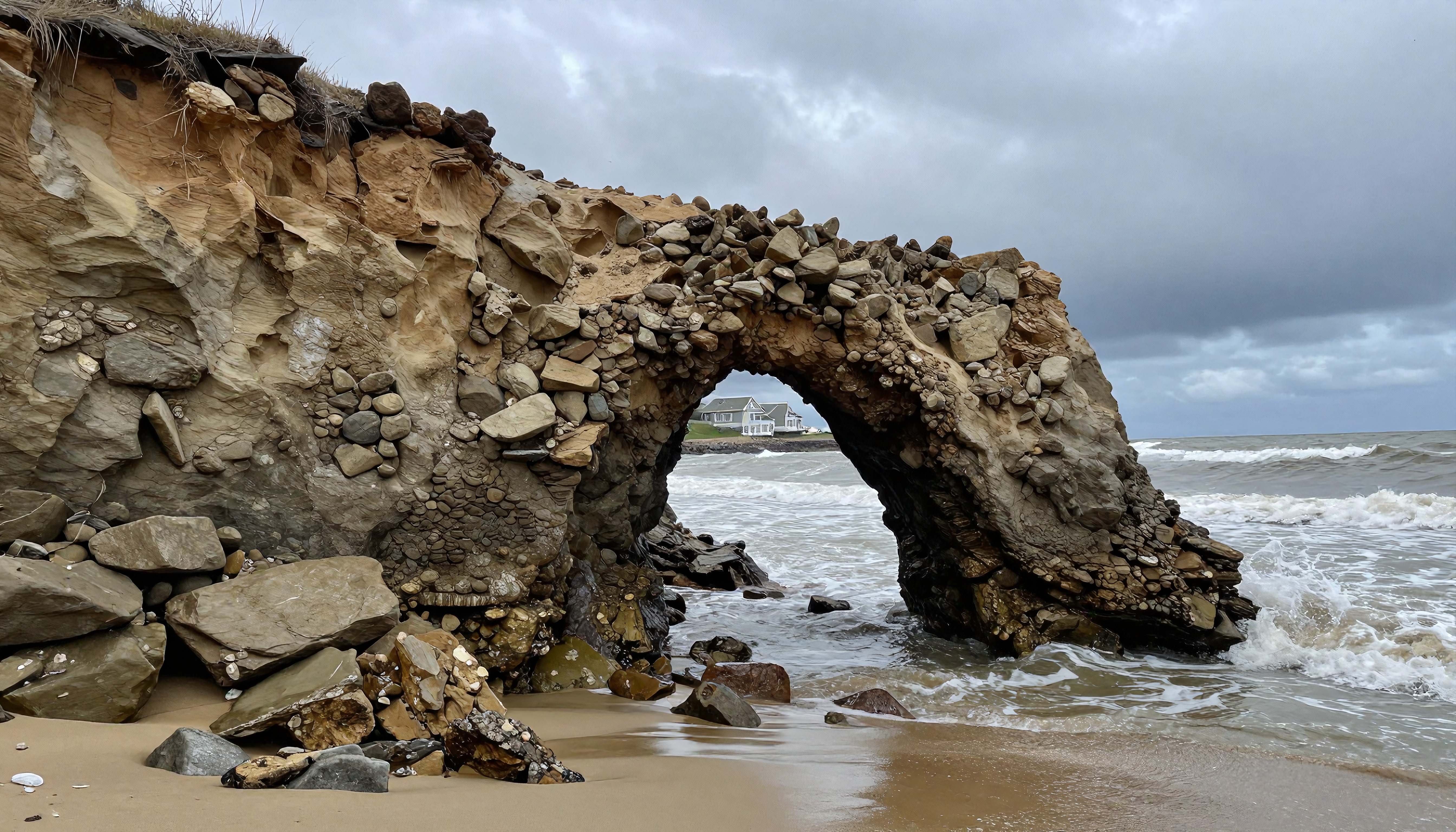 A rocky beach arch with distant house on a cloudy coastal day.