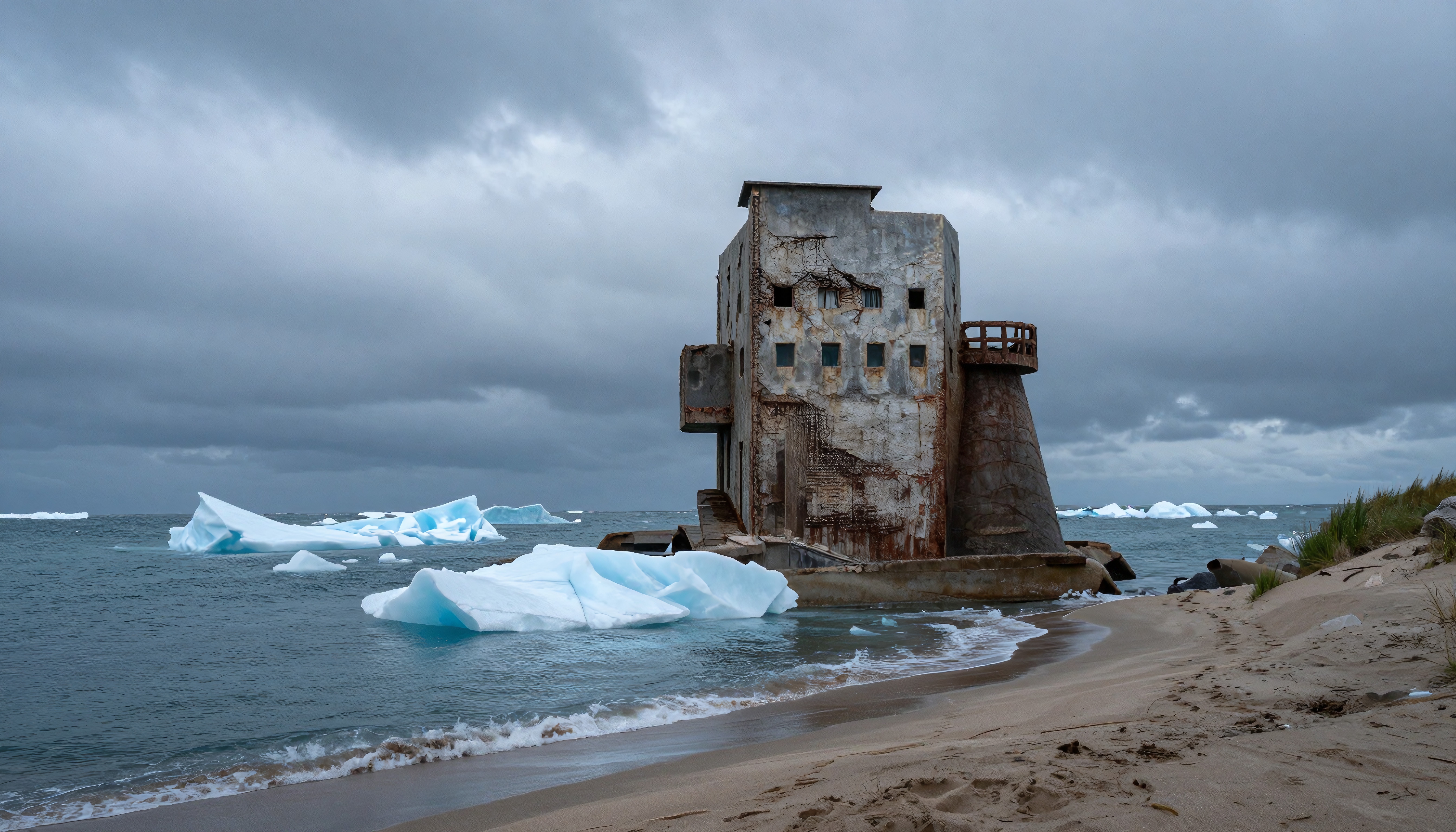An abandoned structure by a cold coast, surrounded by floating icebergs under an overcast sky.