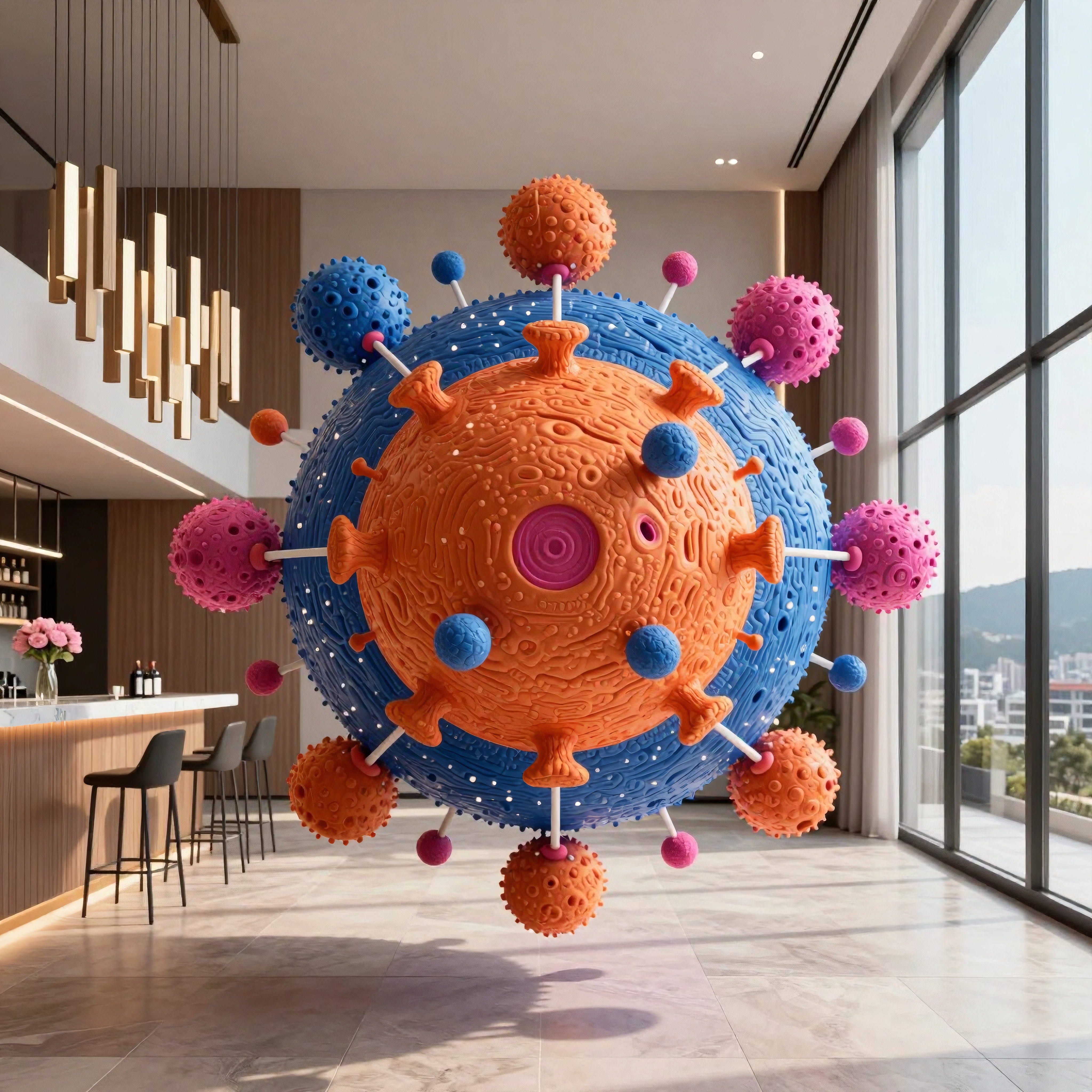 A colorful, stylized virus model floats in a modern bar with luxurious décor, featuring pendant lights and city views.