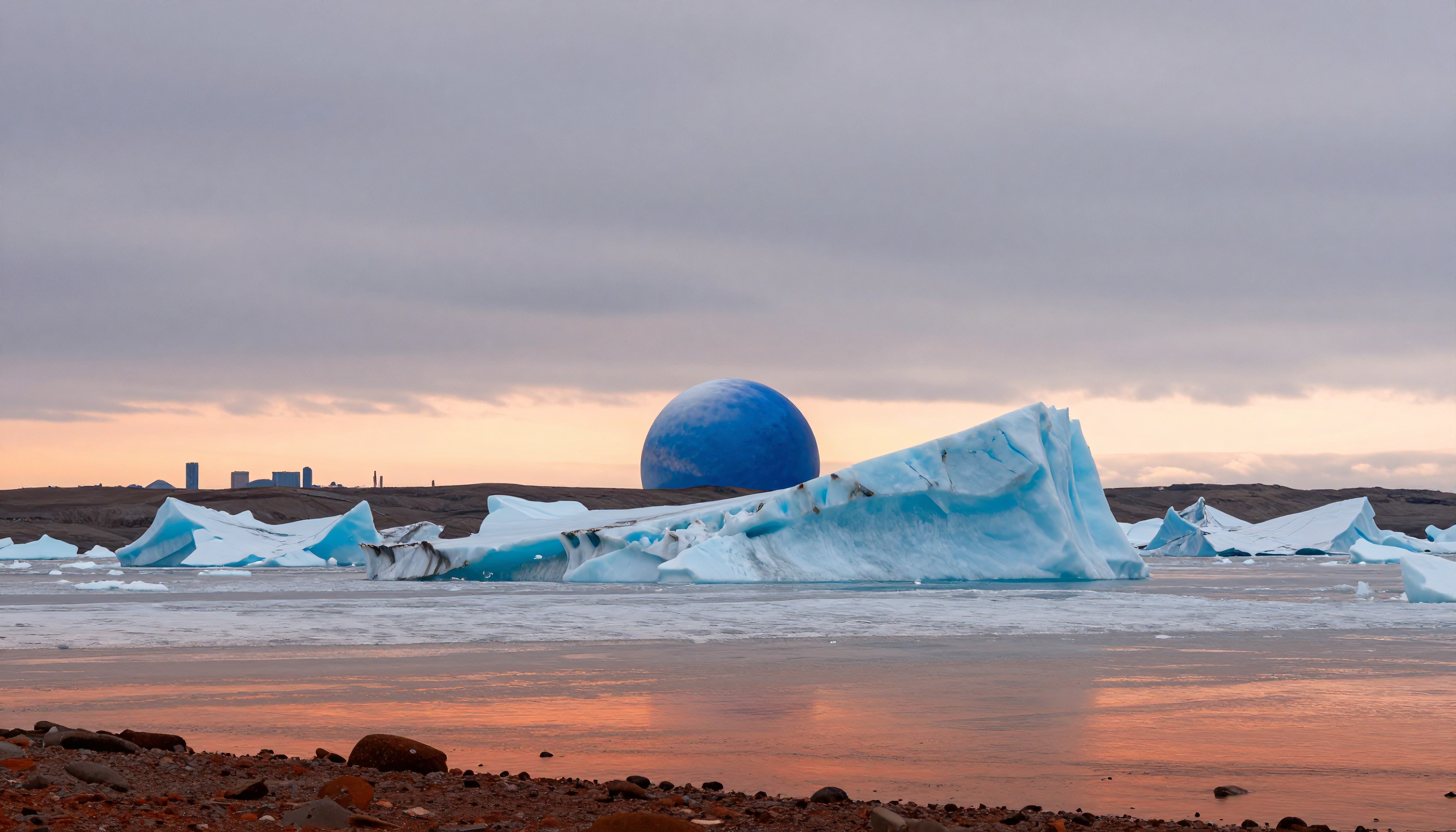 Icebergs float beneath an alien sky.