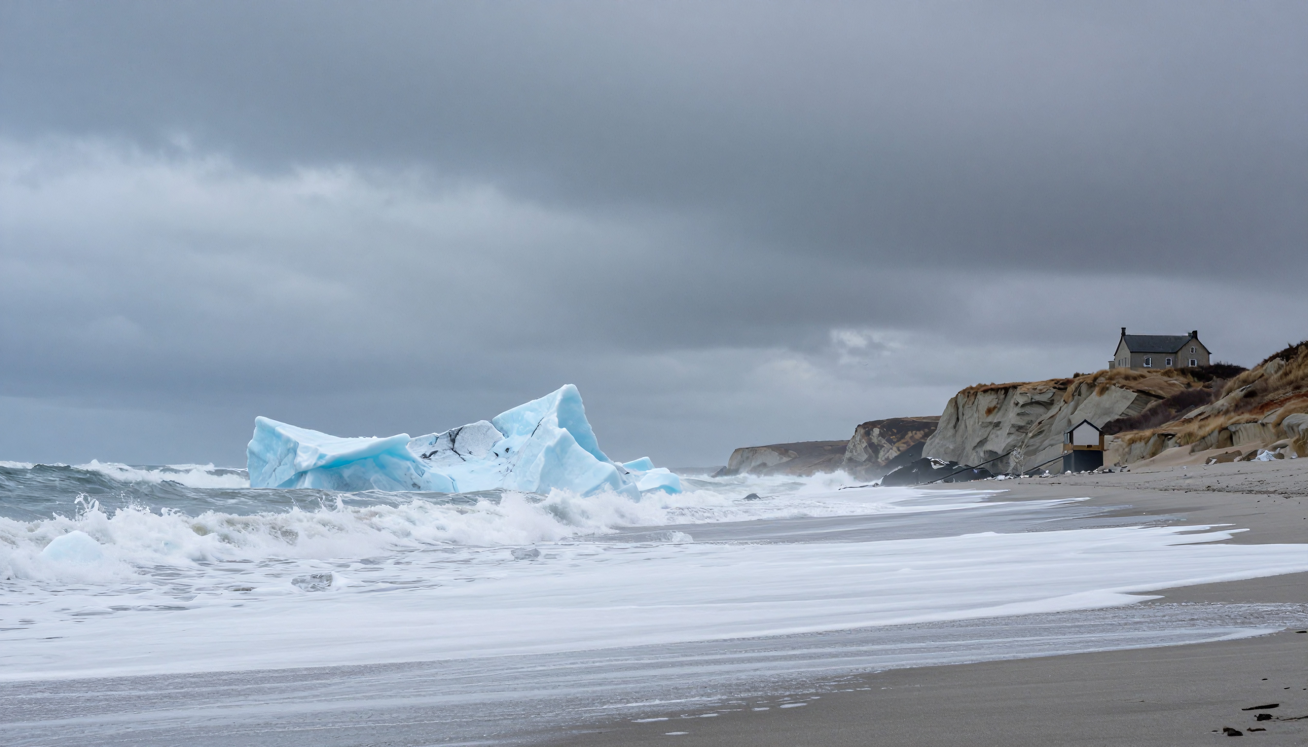 A large blue iceberg floating near a stormy coast with dramatic cliffs and a house under an overcast sky.