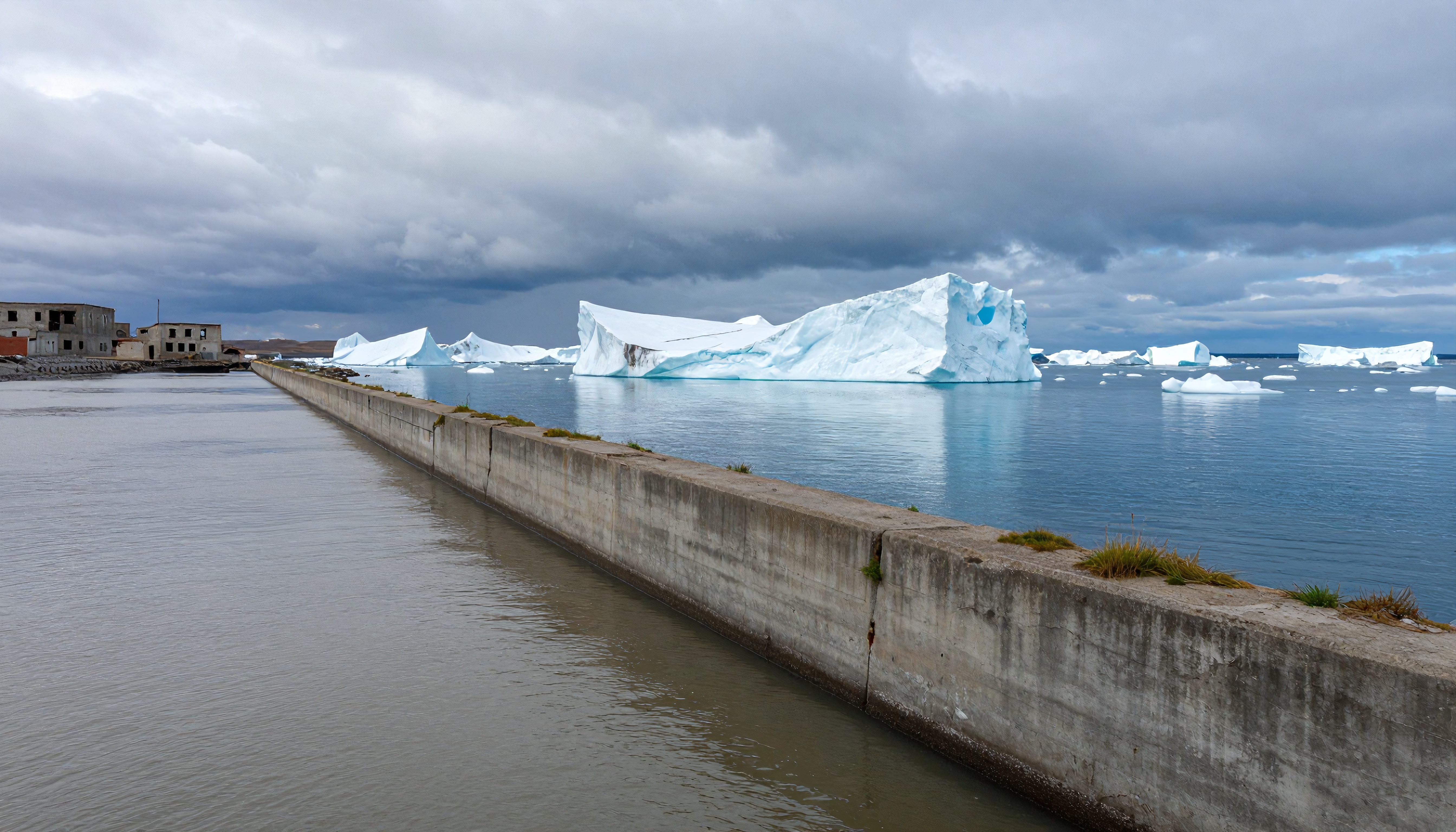 Icebergs float near a concrete pier under an overcast sky with abandoned buildings visible in the background.