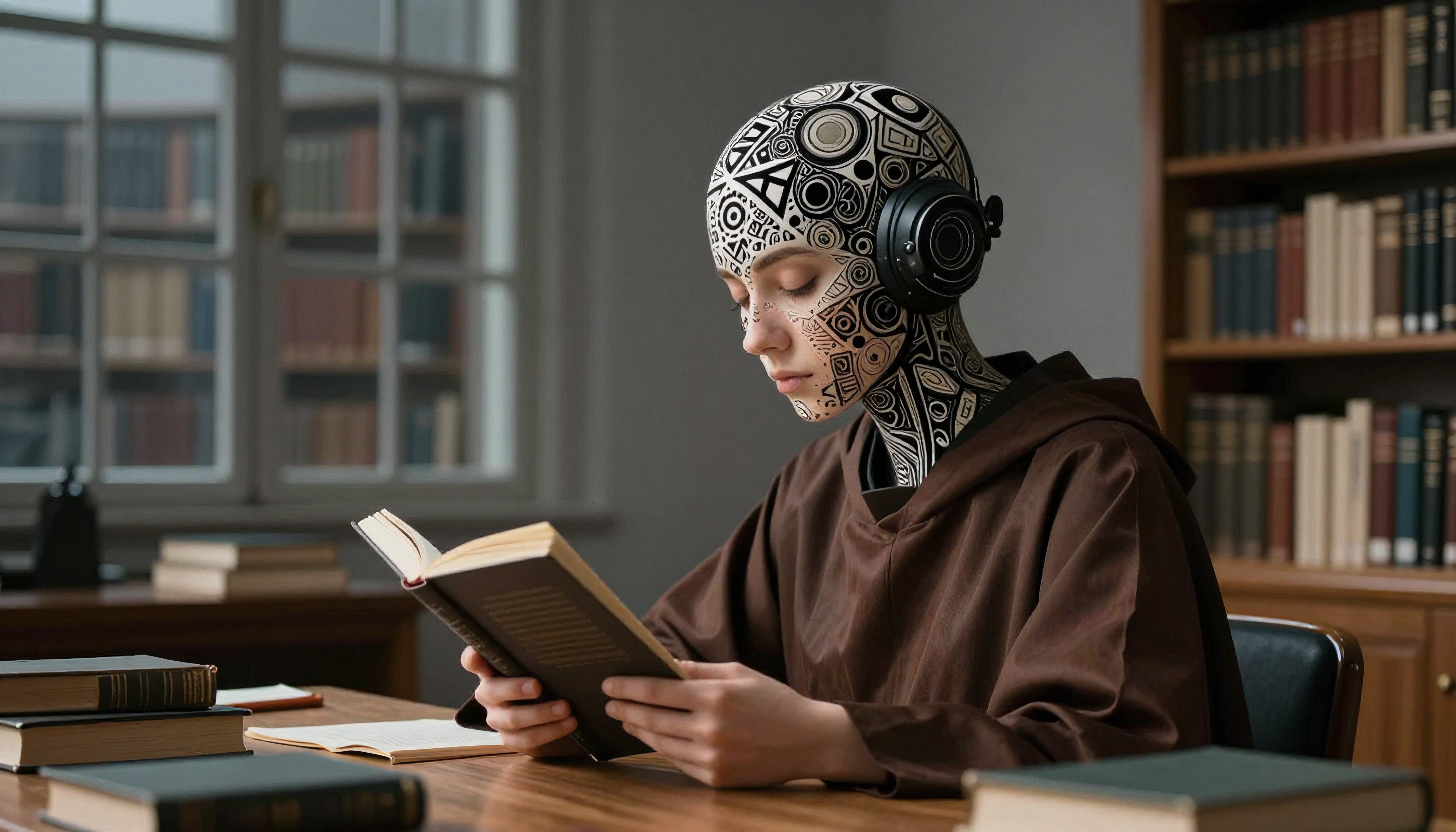 A humanoid robot with geometric patterns reads a book in a library.