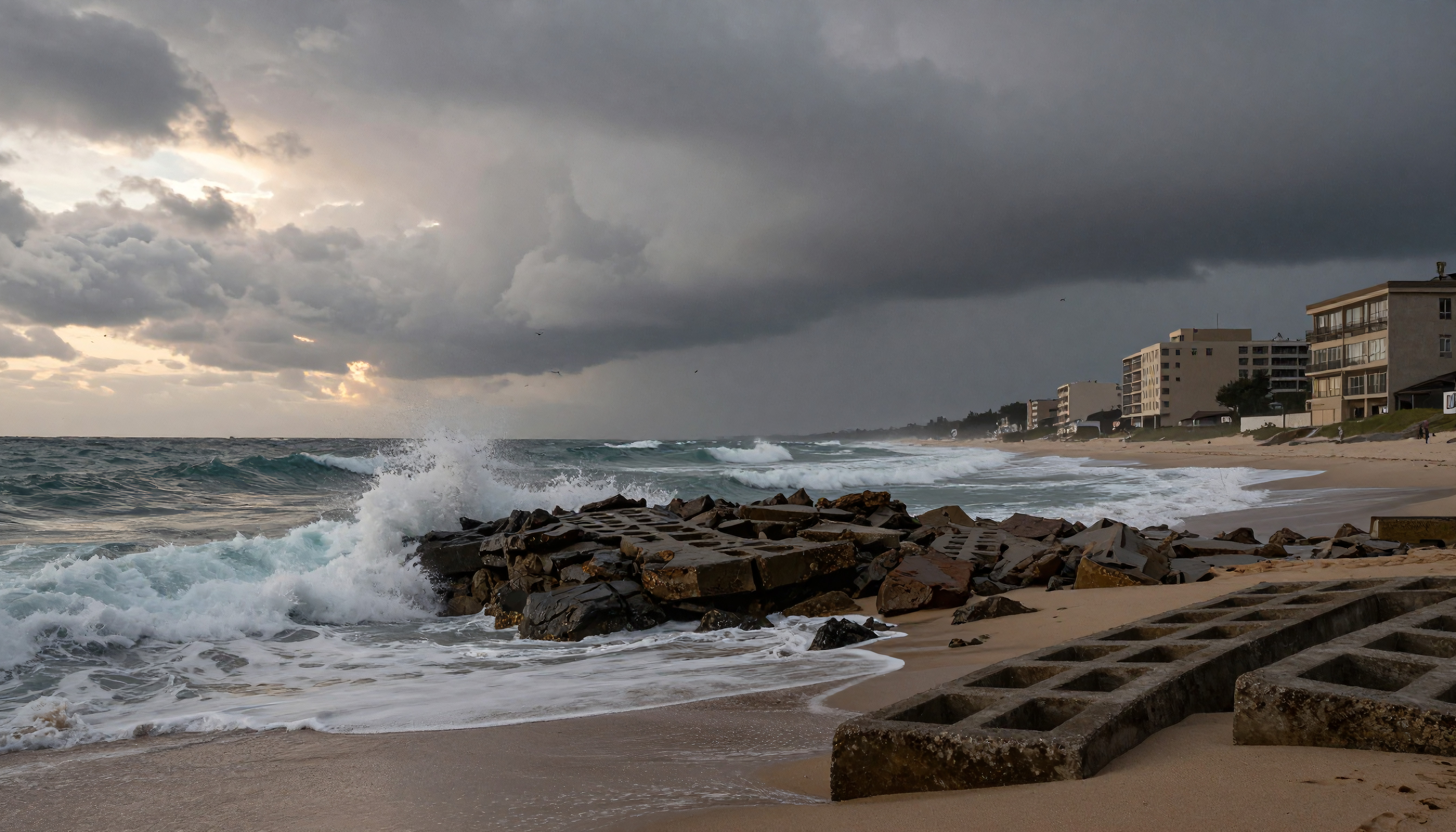 Stormy Sea and Beachscape with Rocky Breakwater and Coastal Buil