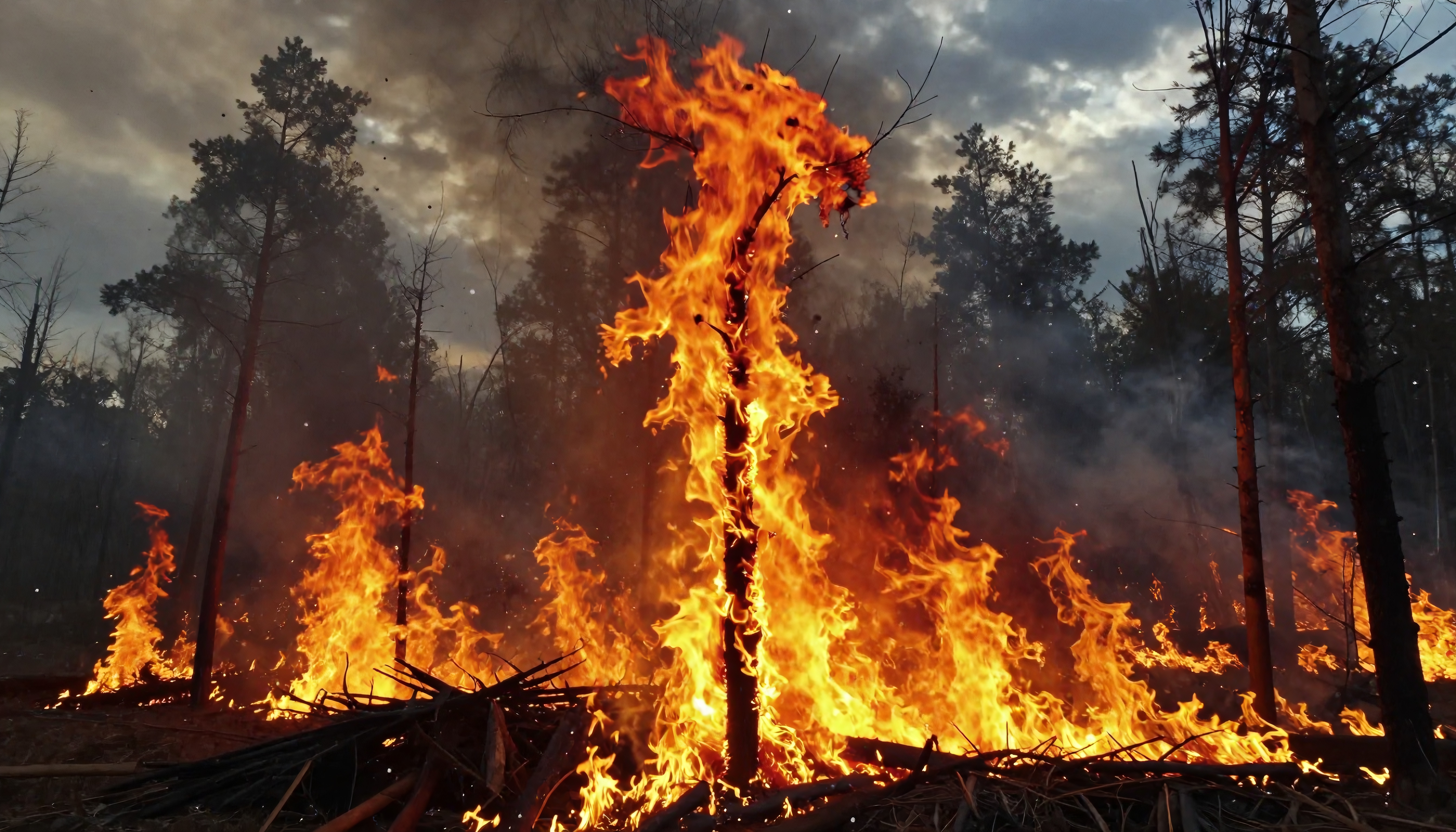A towering wildfire consumes a tree, surrounded by dense smoke with a dark forest backdrop.