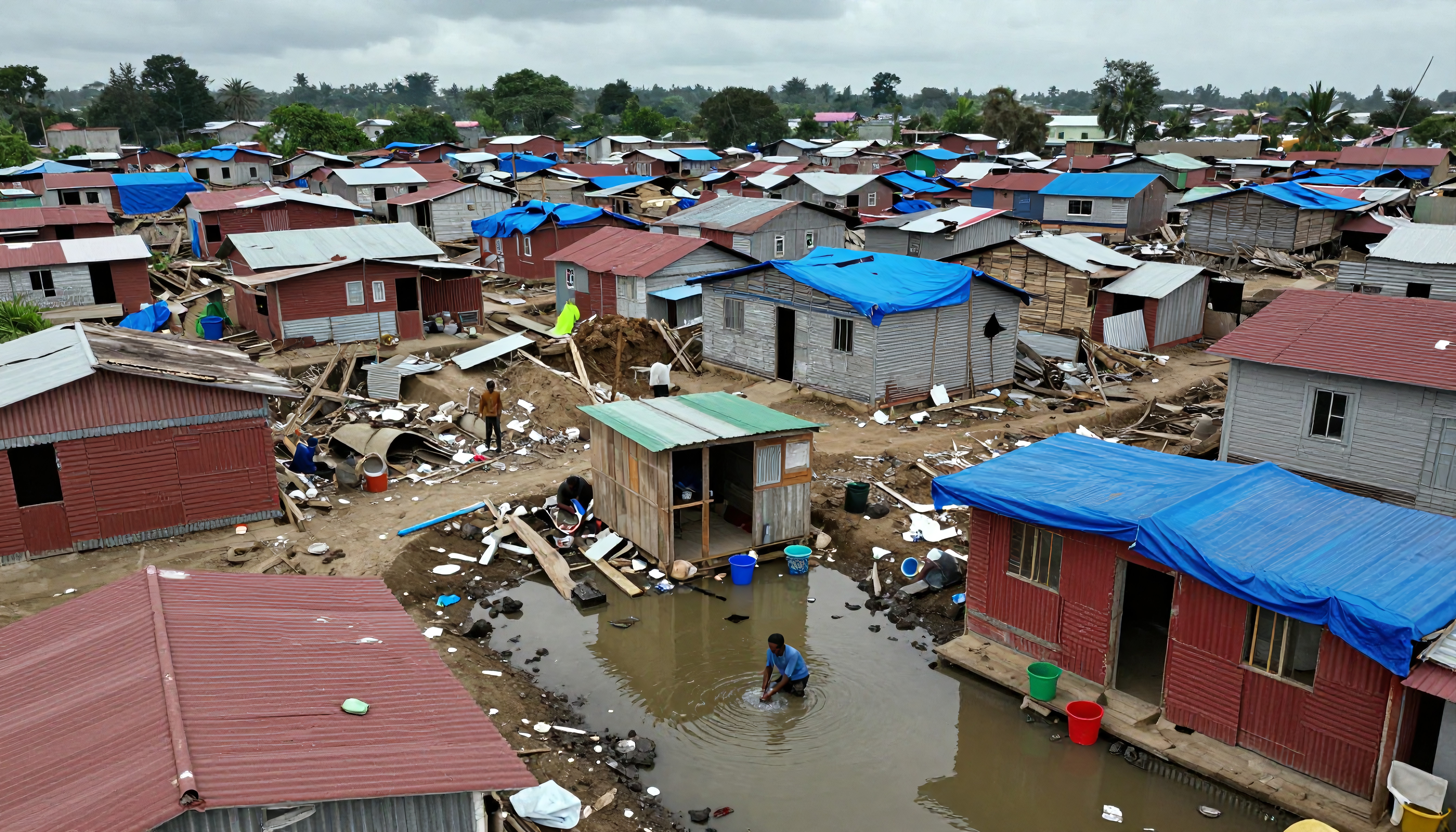 Aerial view of a flooded settlement with temporary repairs and ongoing recovery efforts under cloudy skies.