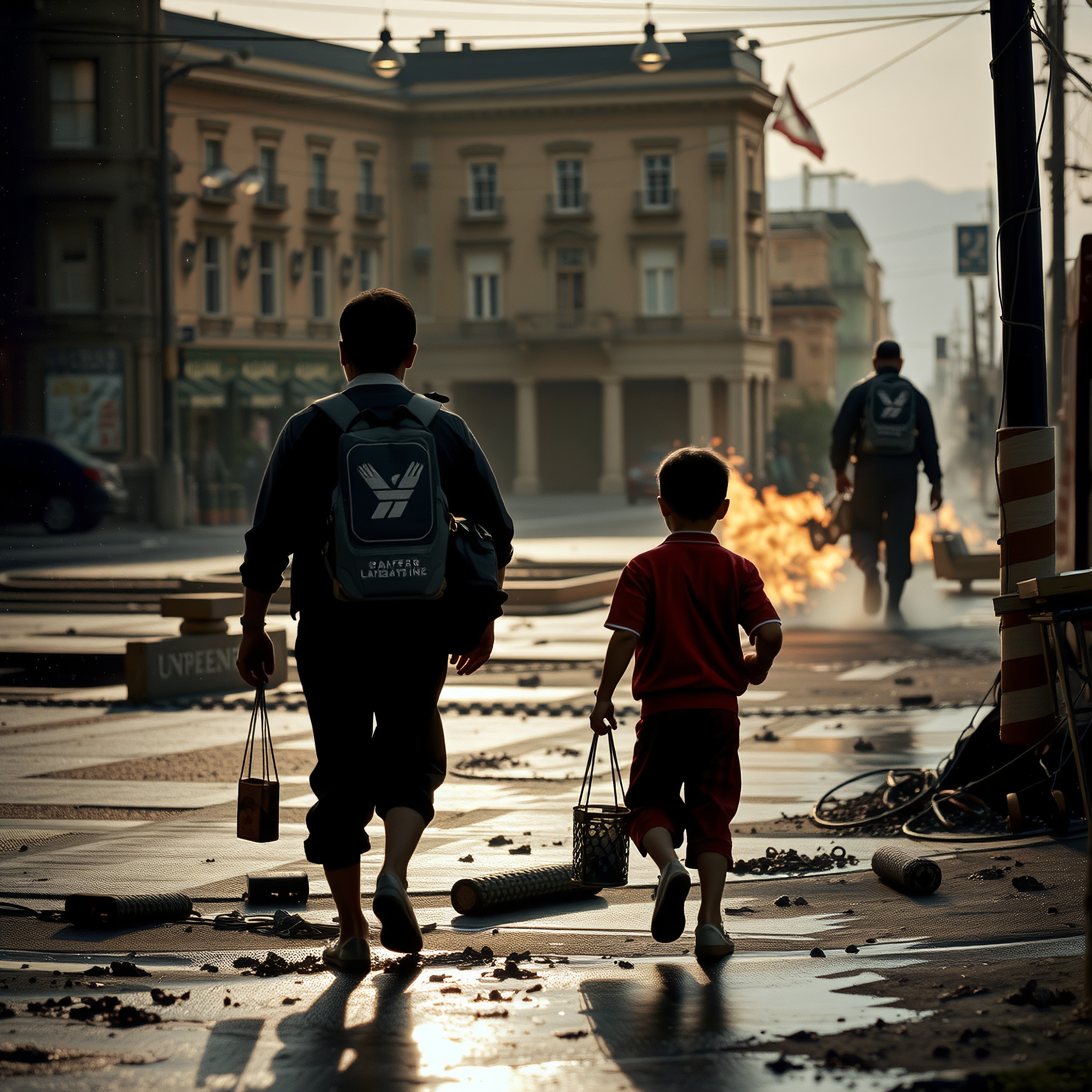 A parent and child walk beside street debris under dramatic evening light, as a distant firelight creates contrasting shadows in the city.