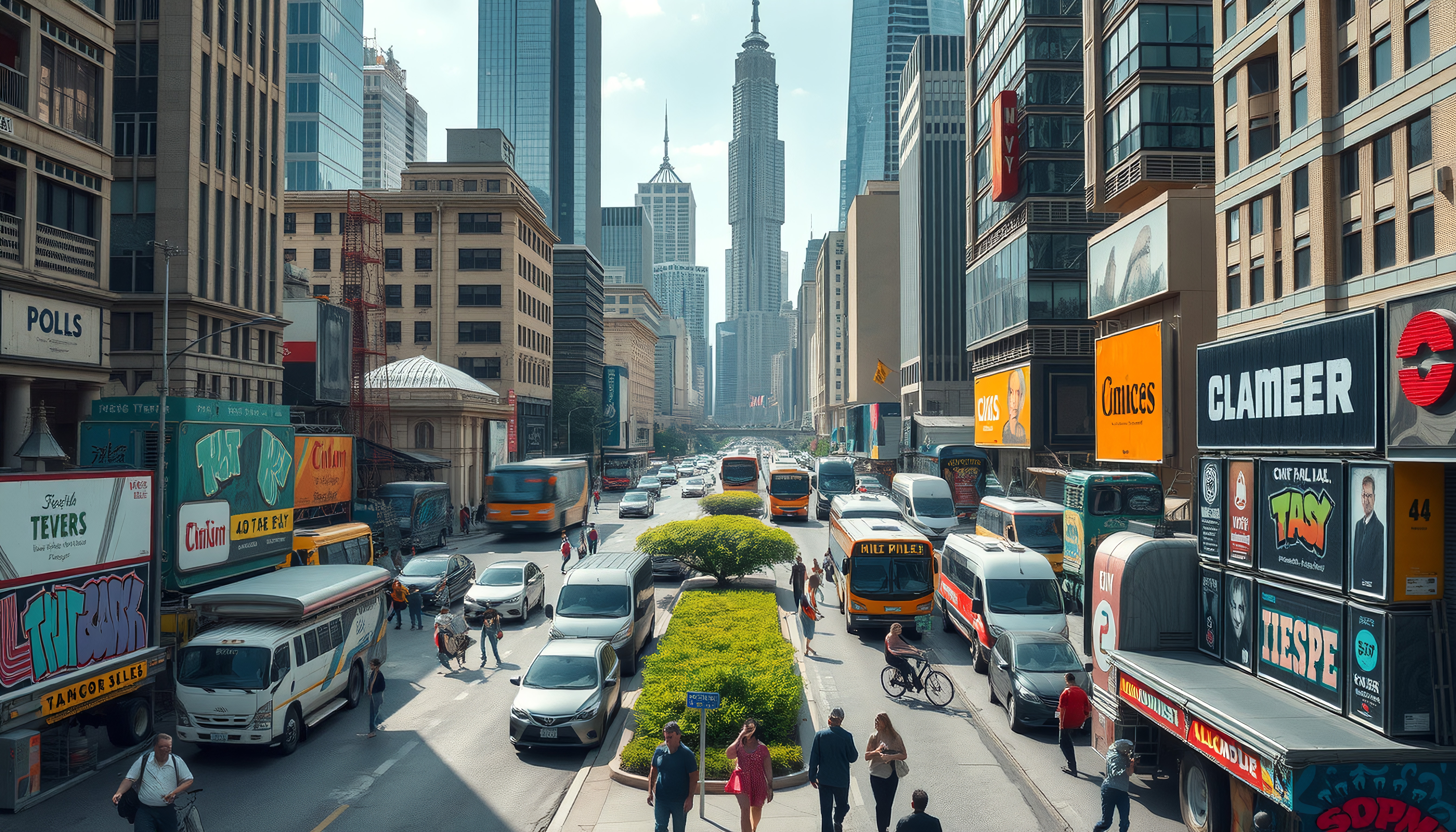 A busy city street with skyscrapers, traffic, pedestrians, and colorful billboards.