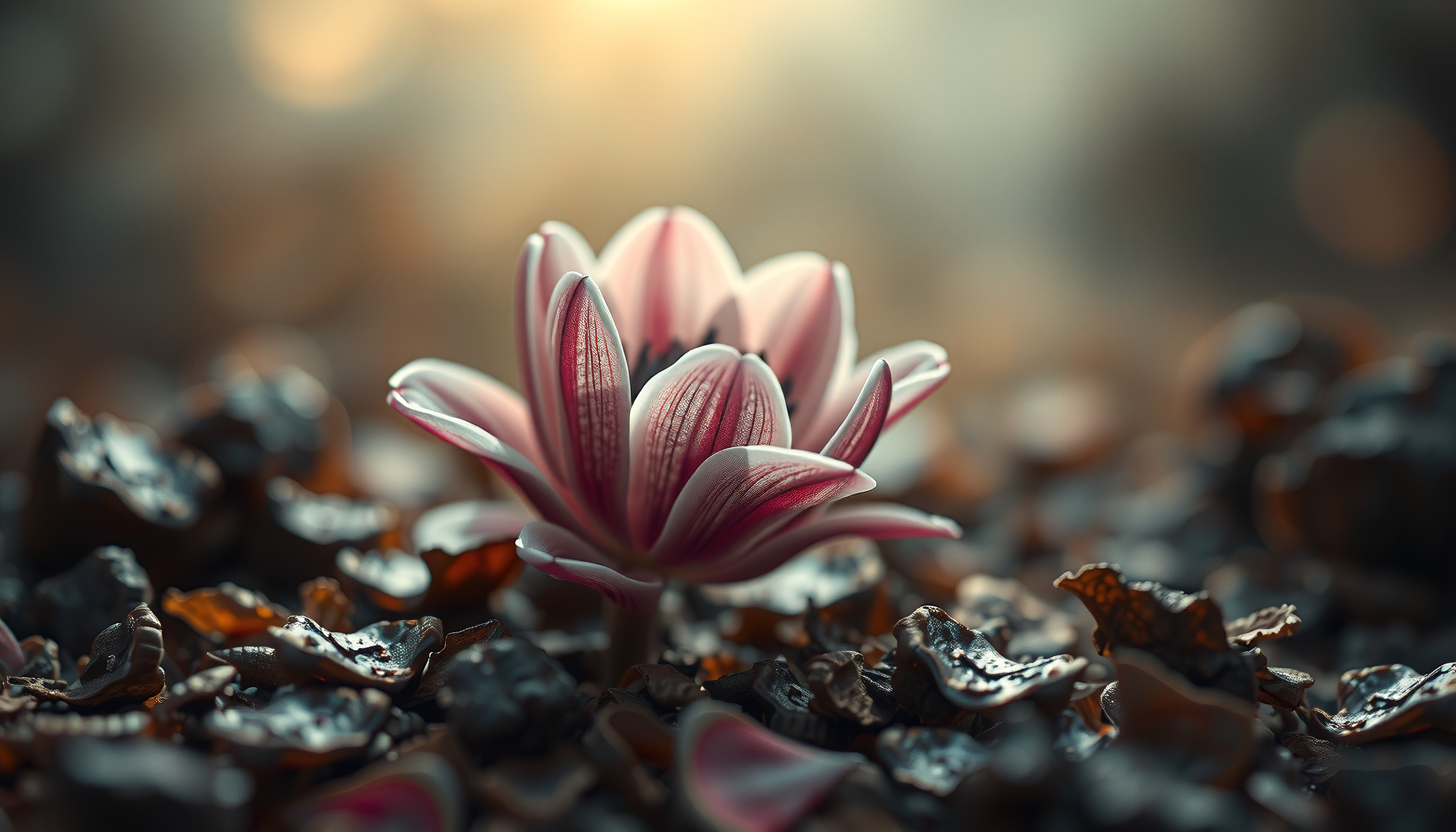 Close-up of a delicate pink flower blooming amongst dark, rich s