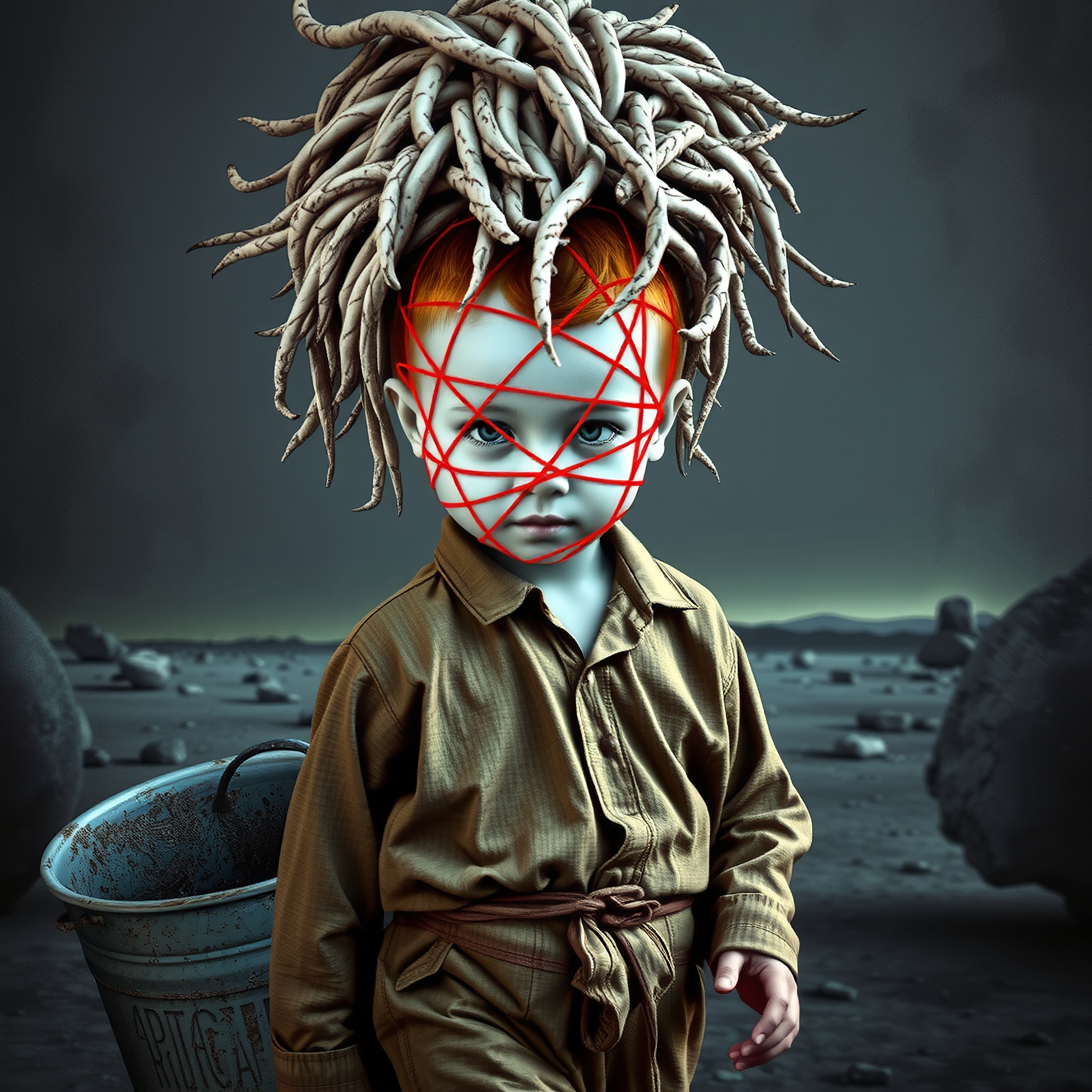 Surreal image of a child with roots and red string face in an alien landscape.