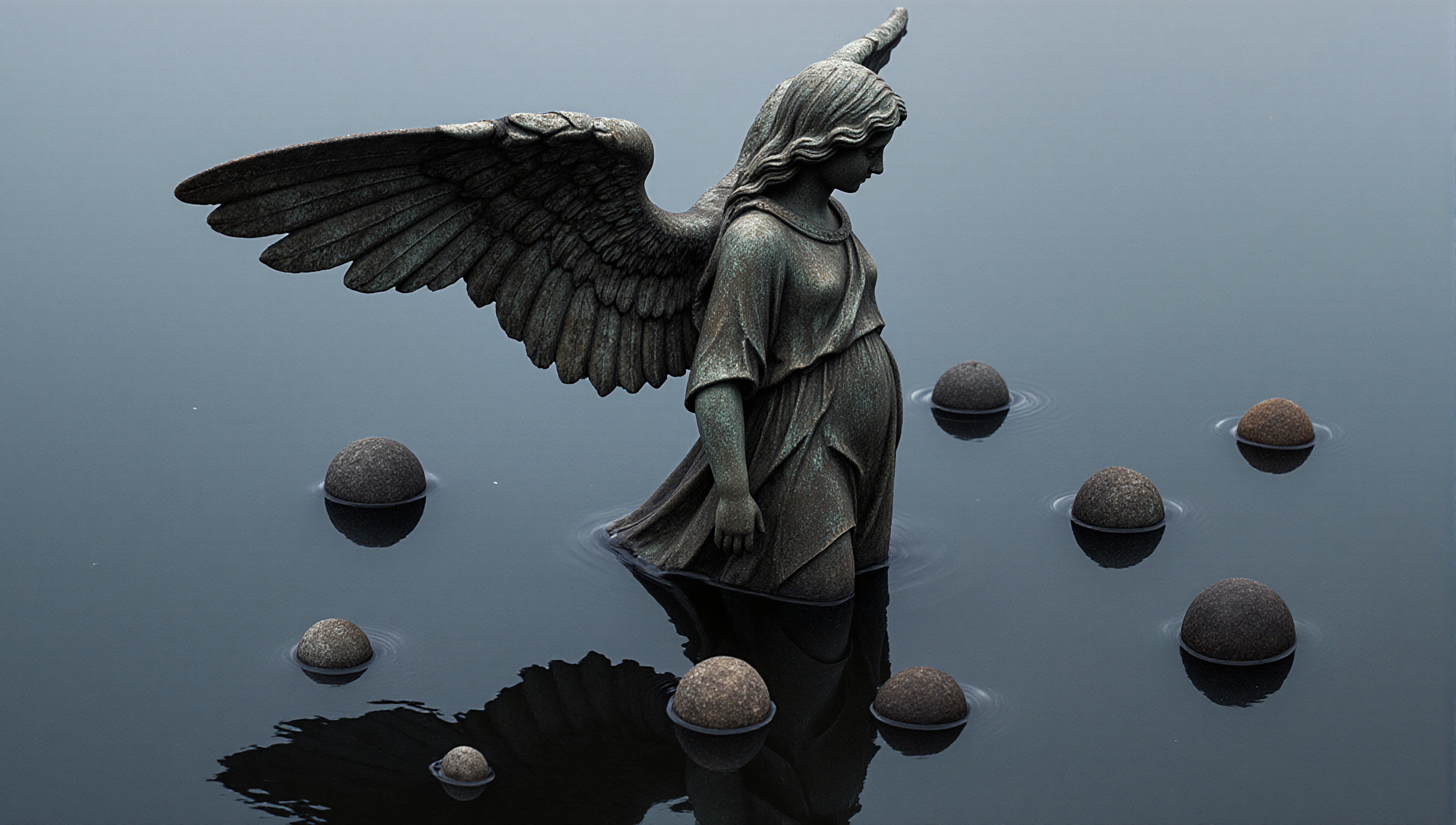 A serene angel statue stands in calm water, surrounded by spherical stones and creating peaceful reflections.