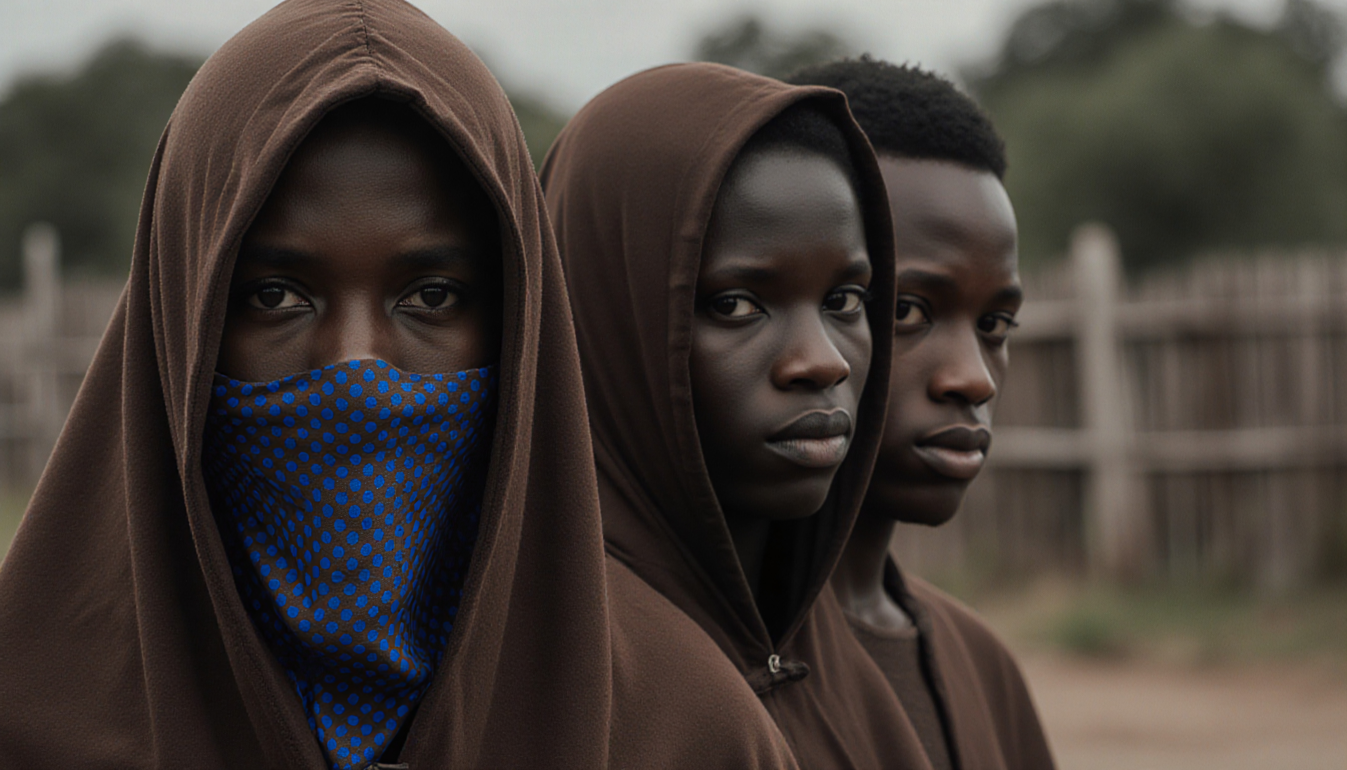Photograph of three people in brown hoods, one with a blue polka-dotted face covering, standing in front of a rustic wooden background.