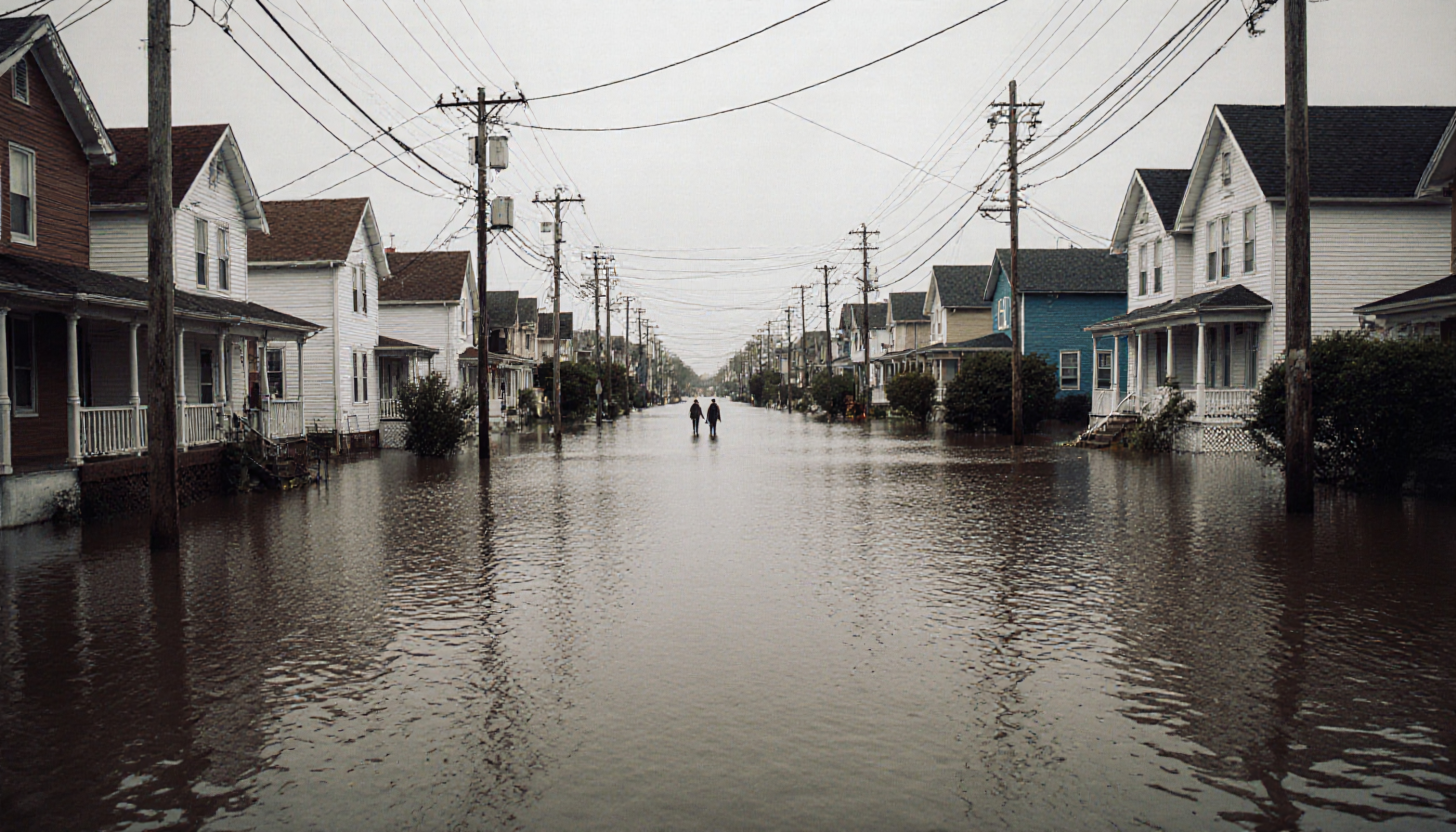 A flooded residential street with people walking, showcasing climate impact.