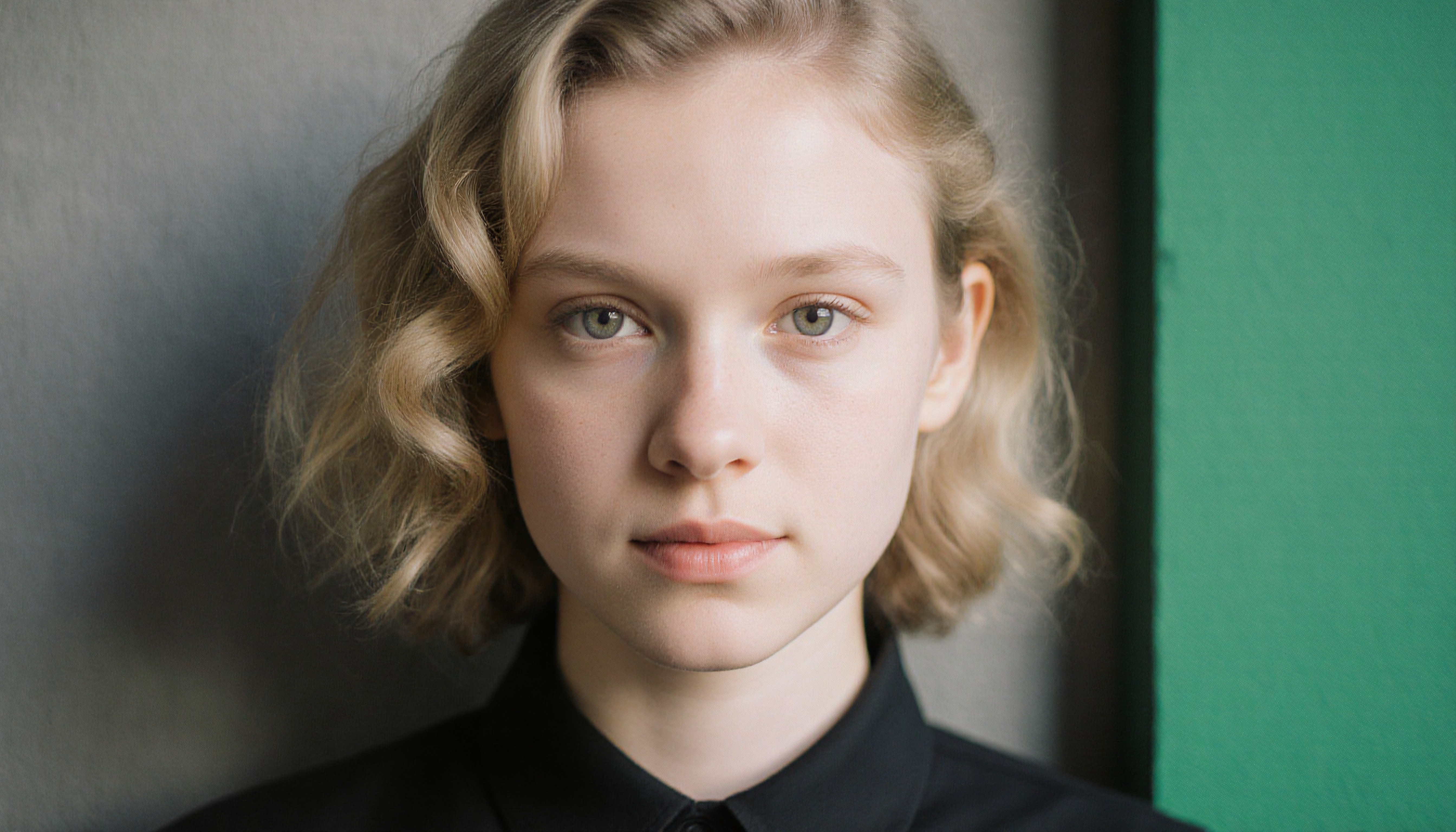 Portrait of a young woman with blonde wavy hair and serene expression.