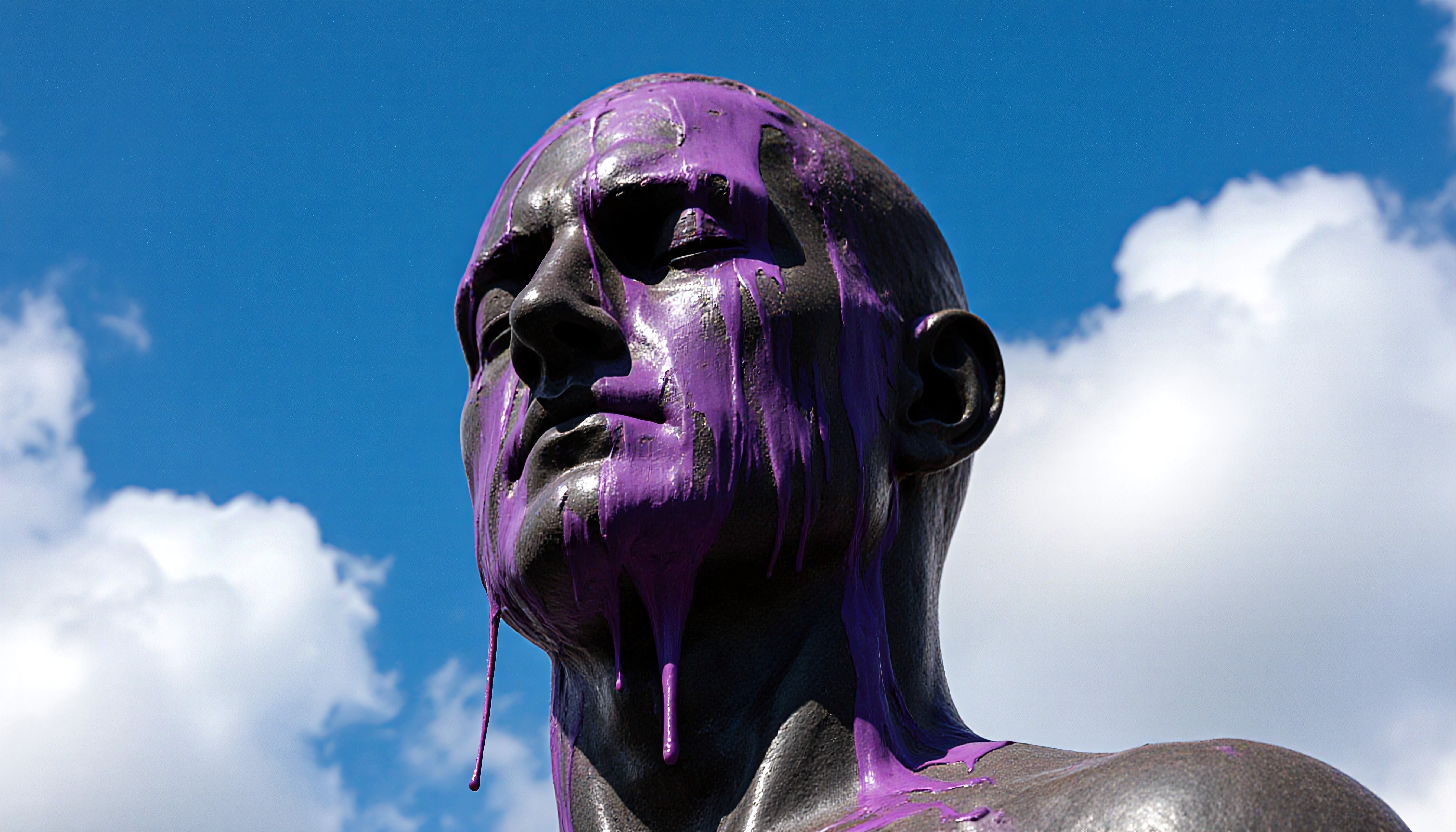 A statue drenched in vibrant purple paint under a blue sky with clouds.