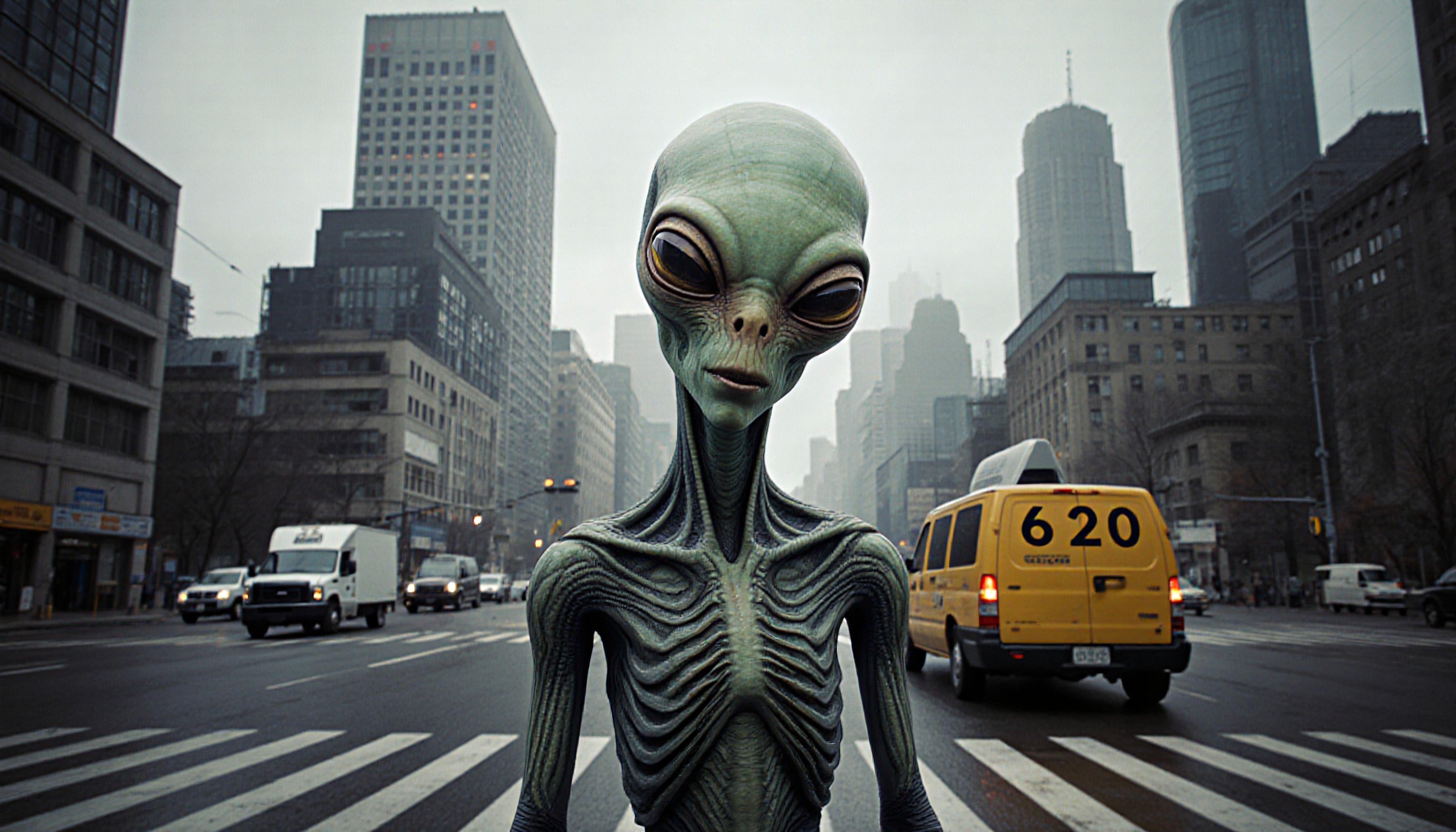Alien standing in bustling city street with tall buildings and yellow taxi.