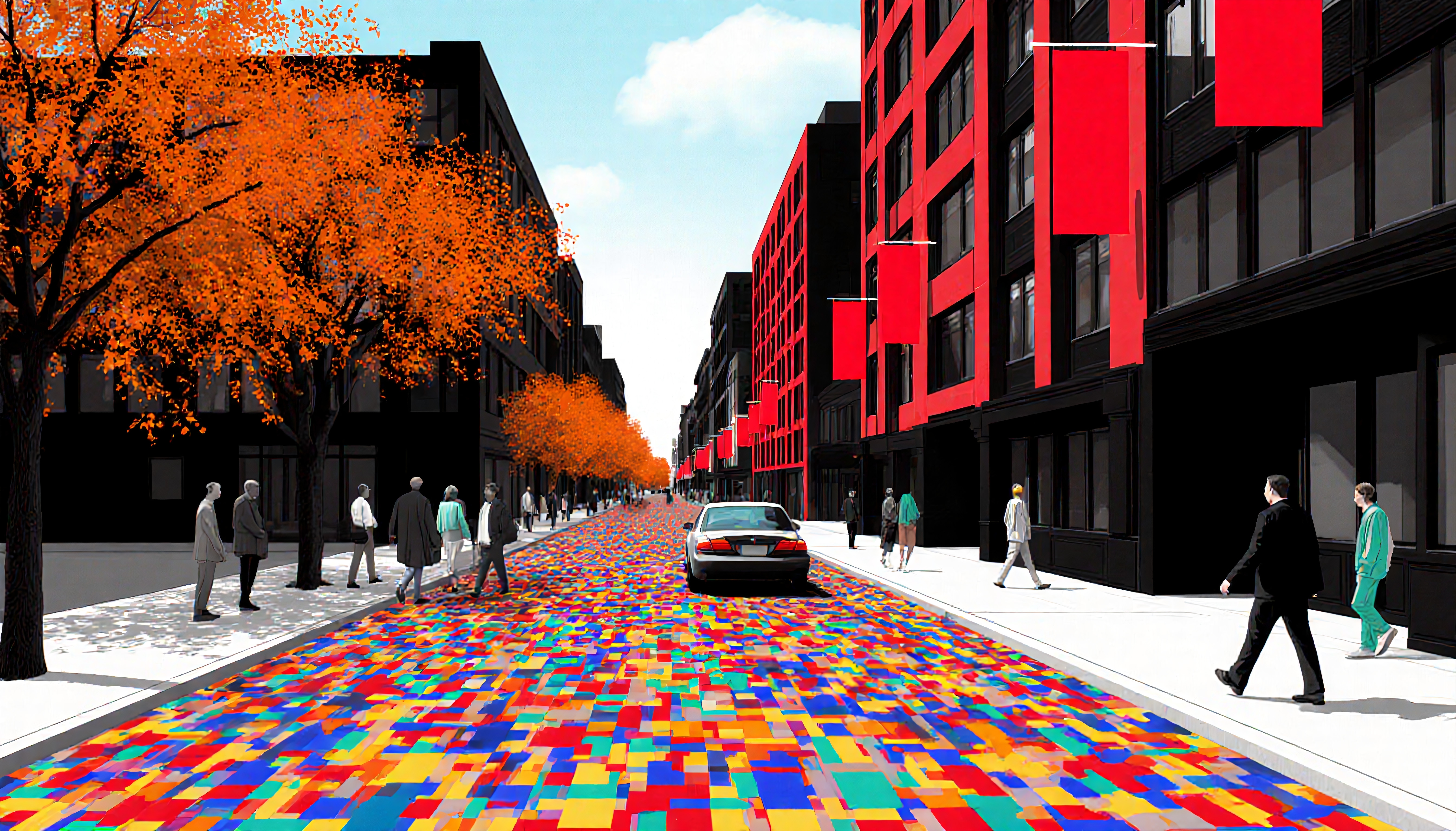 A vibrant city street scene with modern architecture, colorful mosaic street, orange autumn trees, and pedestrians.