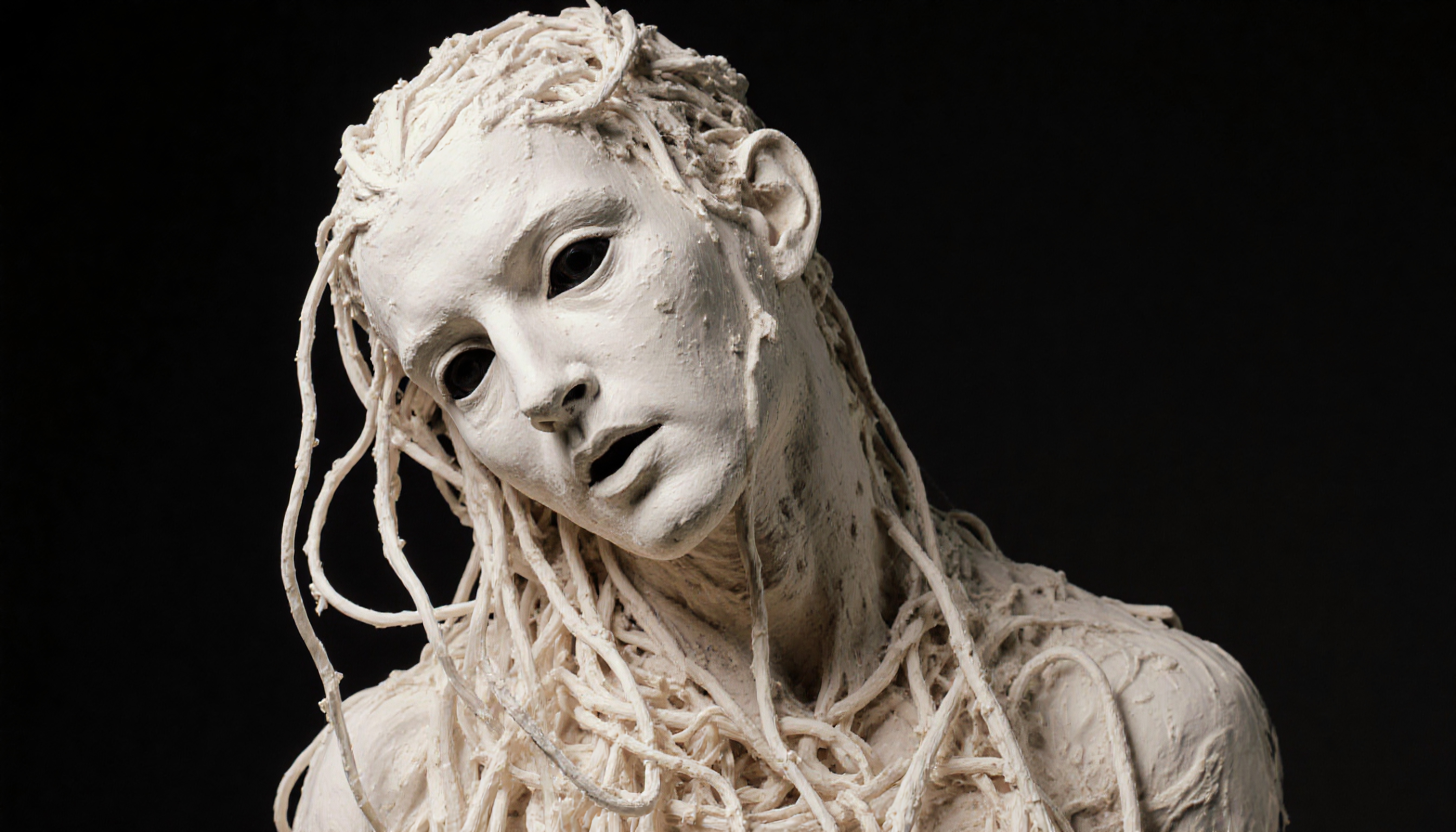 Eerie white human sculpture with textured surface and hollow eyes against a dark background.