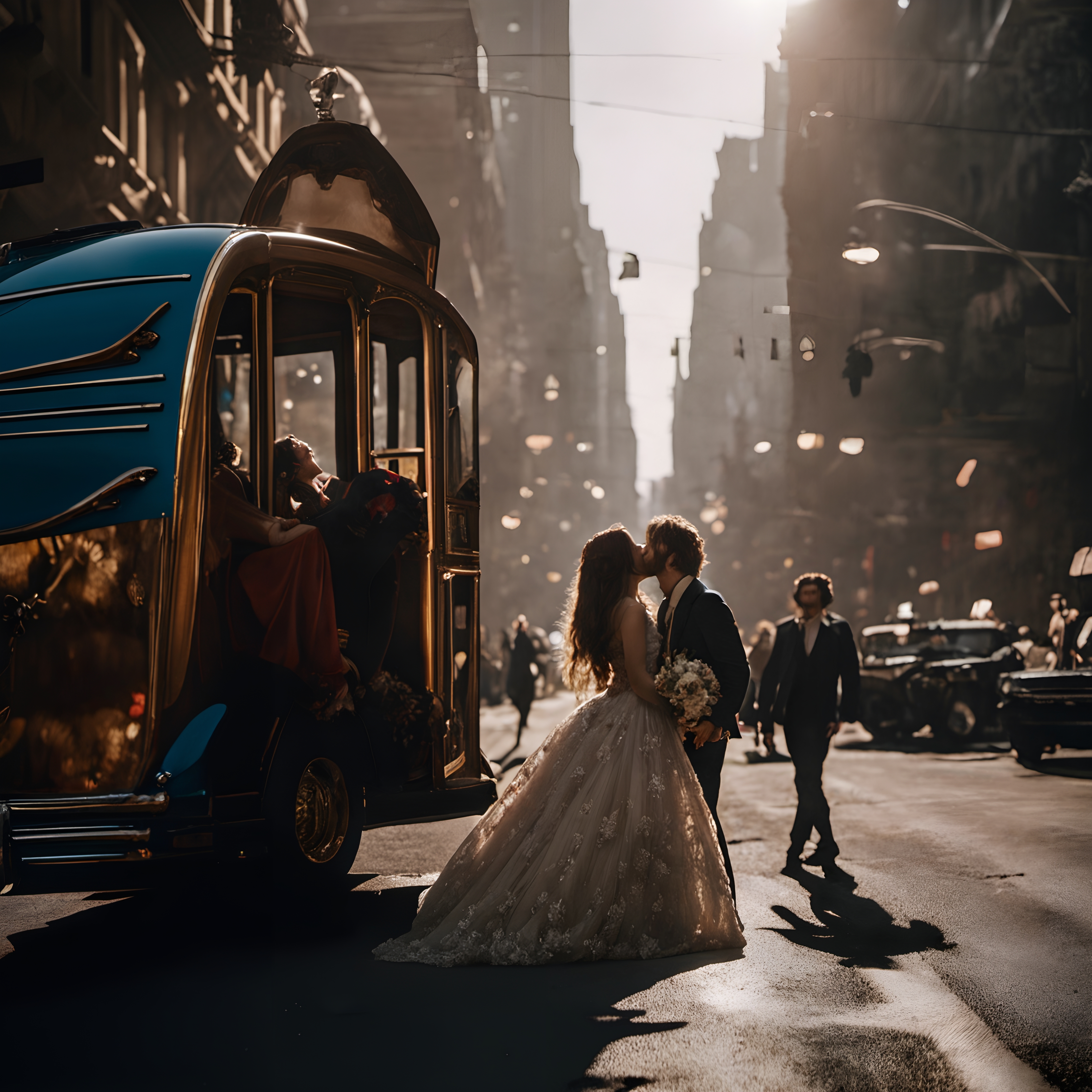 Romantic city street wedding scene with couple.