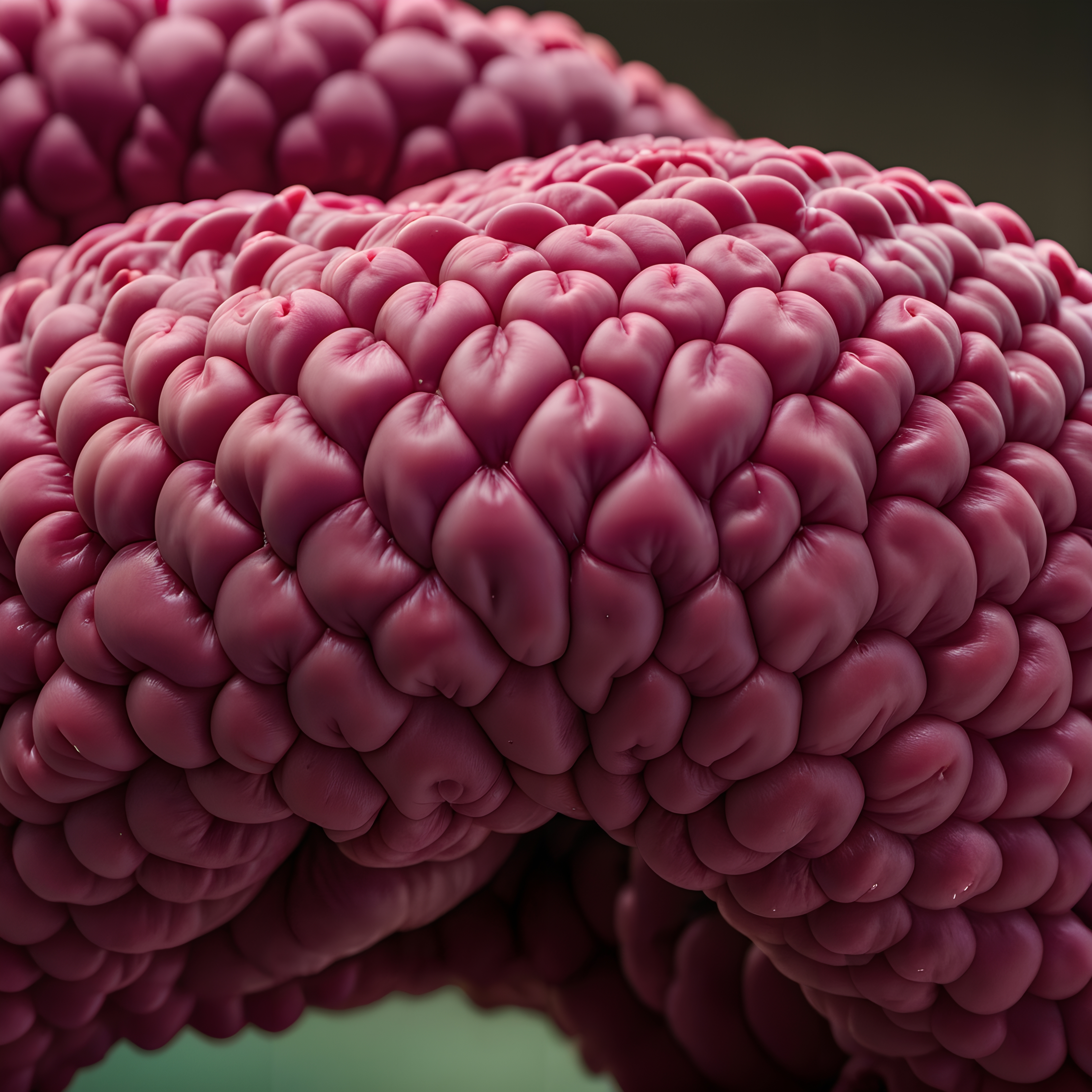 A vivid close-up of rounded pink organic forms with glossy texture.
