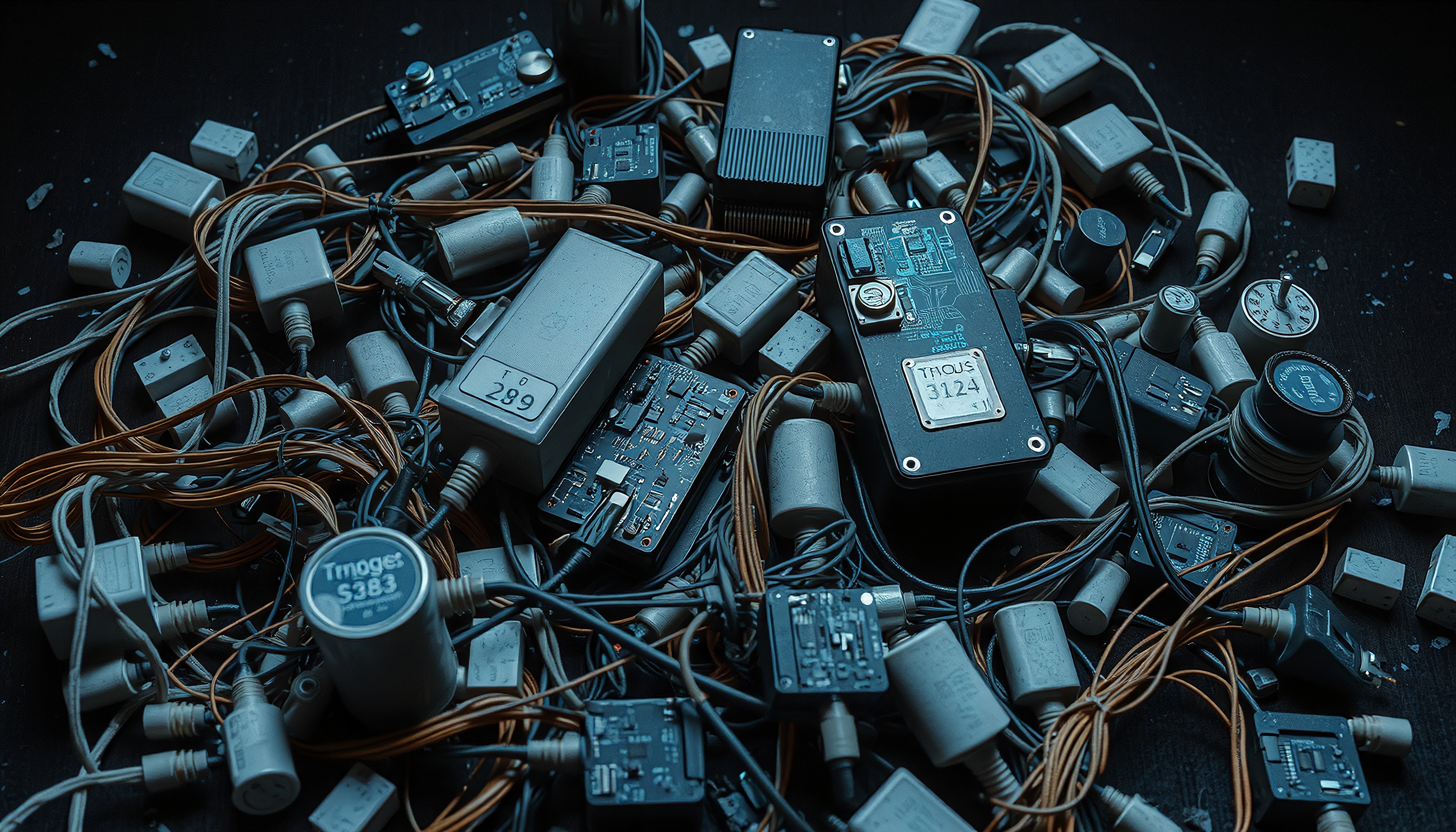 Image showing tangled electronic cables, adapters, circuit boards with microchips on a dark surface, emphasizing technological complexity.