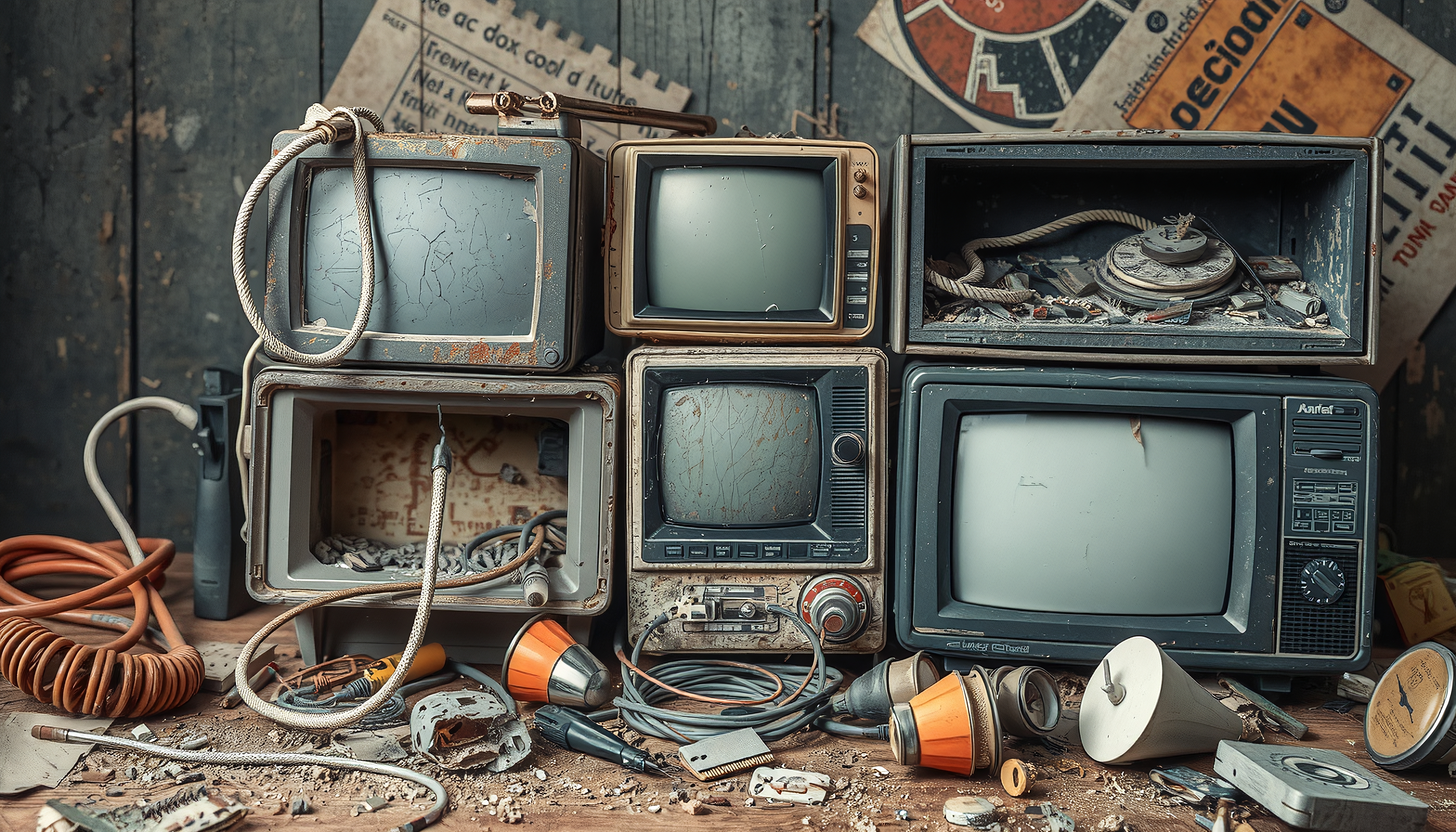 An arrangement of vintage televisions and electronics showcasing nostalgic retro technology in a rustic setting.