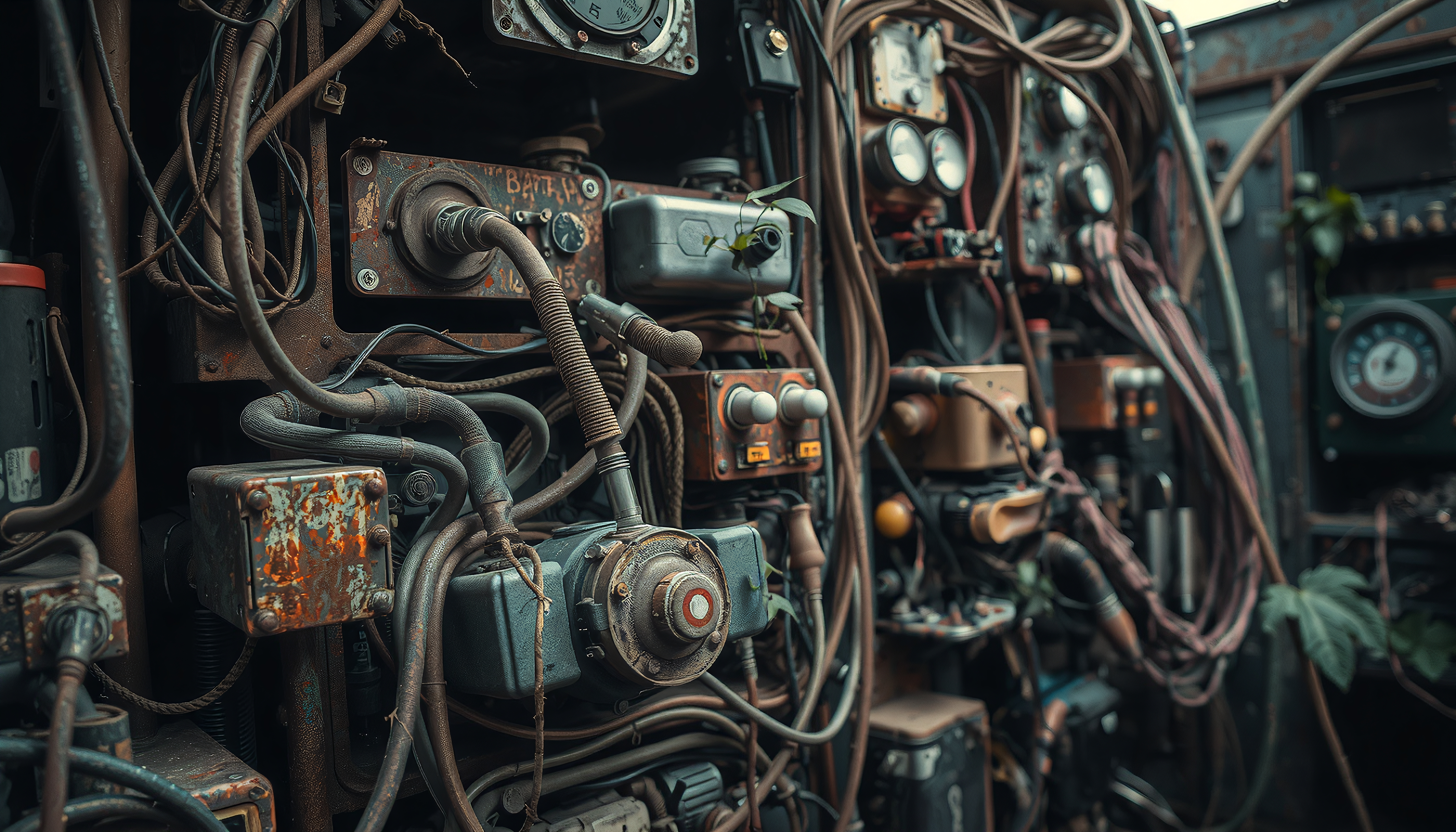 Rusted industrial control panel with overgrown plants, exposed wiring, and metal corrosion in abandoned machinery.