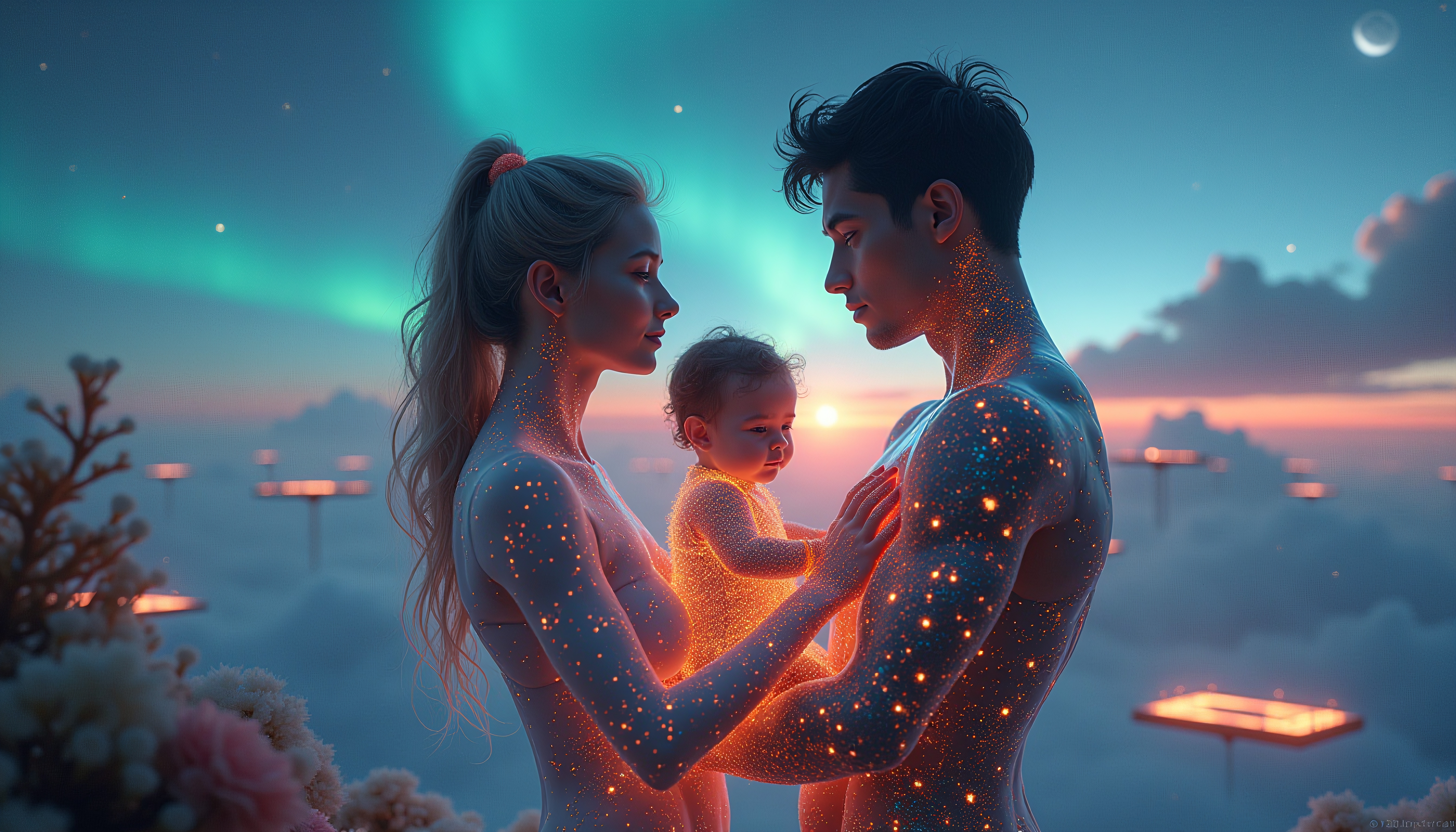 A fantasy scene of a glowing family under a starry sky with surreal light effects.
