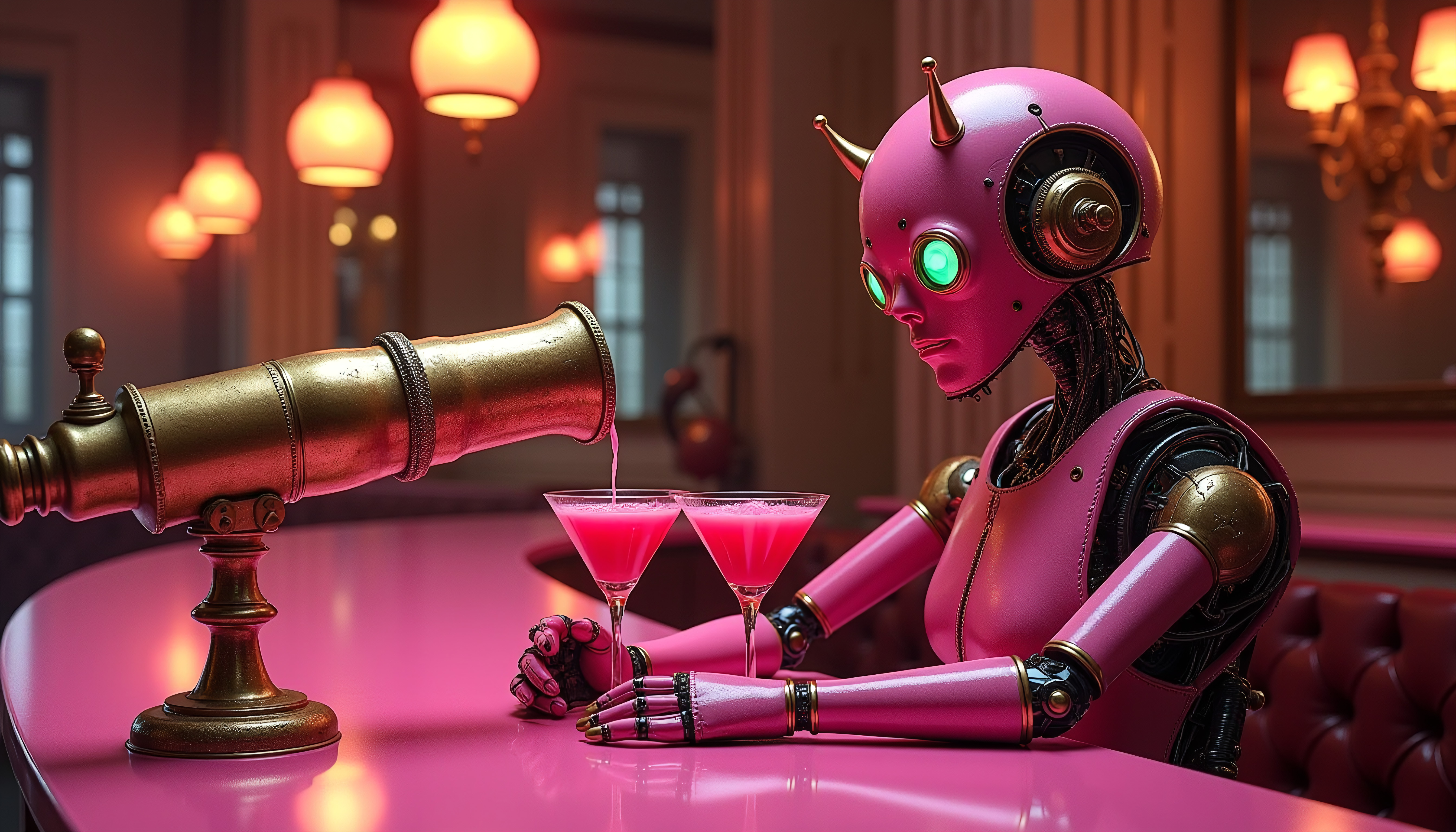 Pink Robot Pouring Cocktail in Vintage Lounge