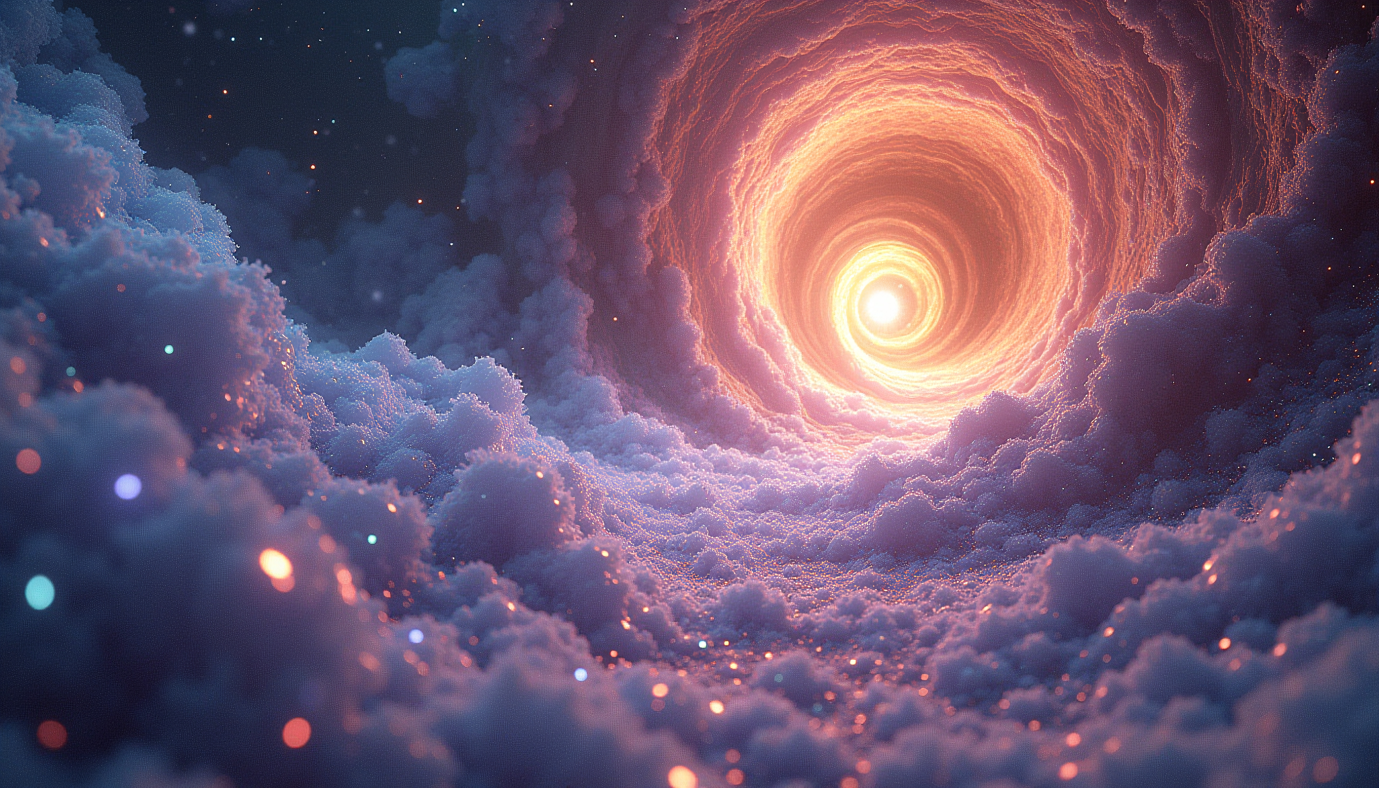 A glowing vortex surrounded by vibrant clouds creates a mesmerizing cosmic scene.