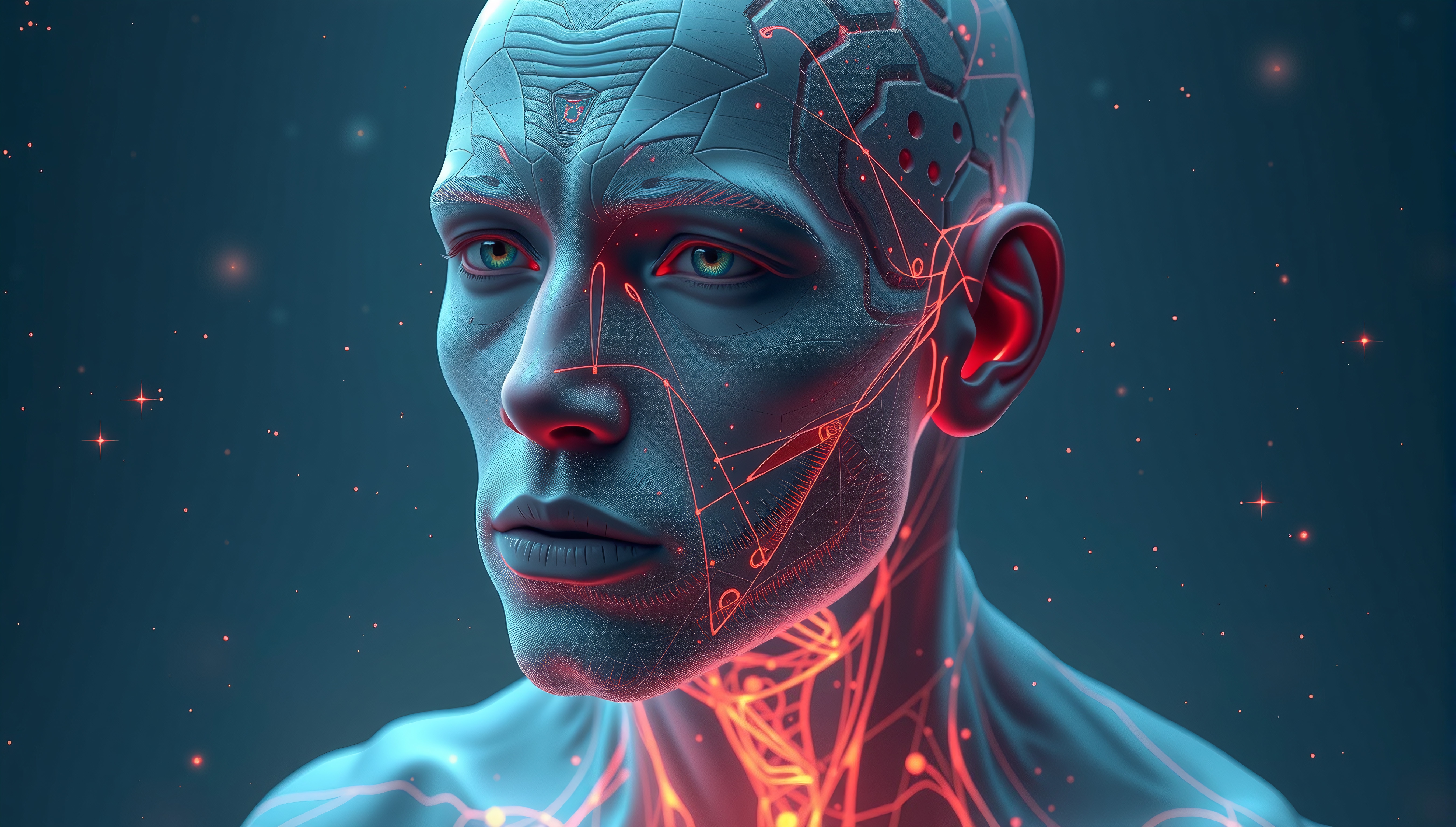 A cybernetic humanoid with glowing red and blue patterns depicting futuristic and sci-fi themes.