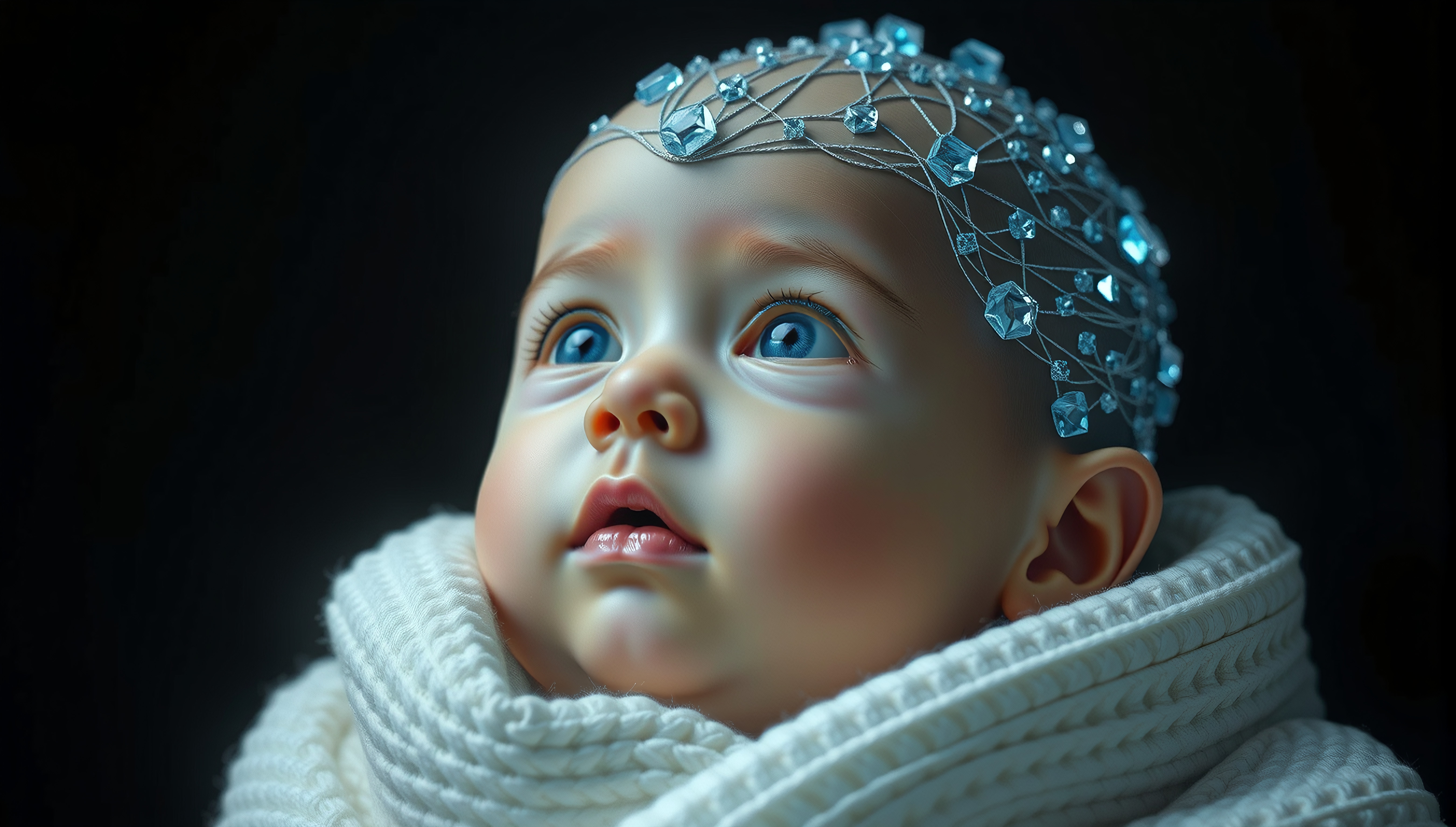 Portrait of baby with jeweled headband.