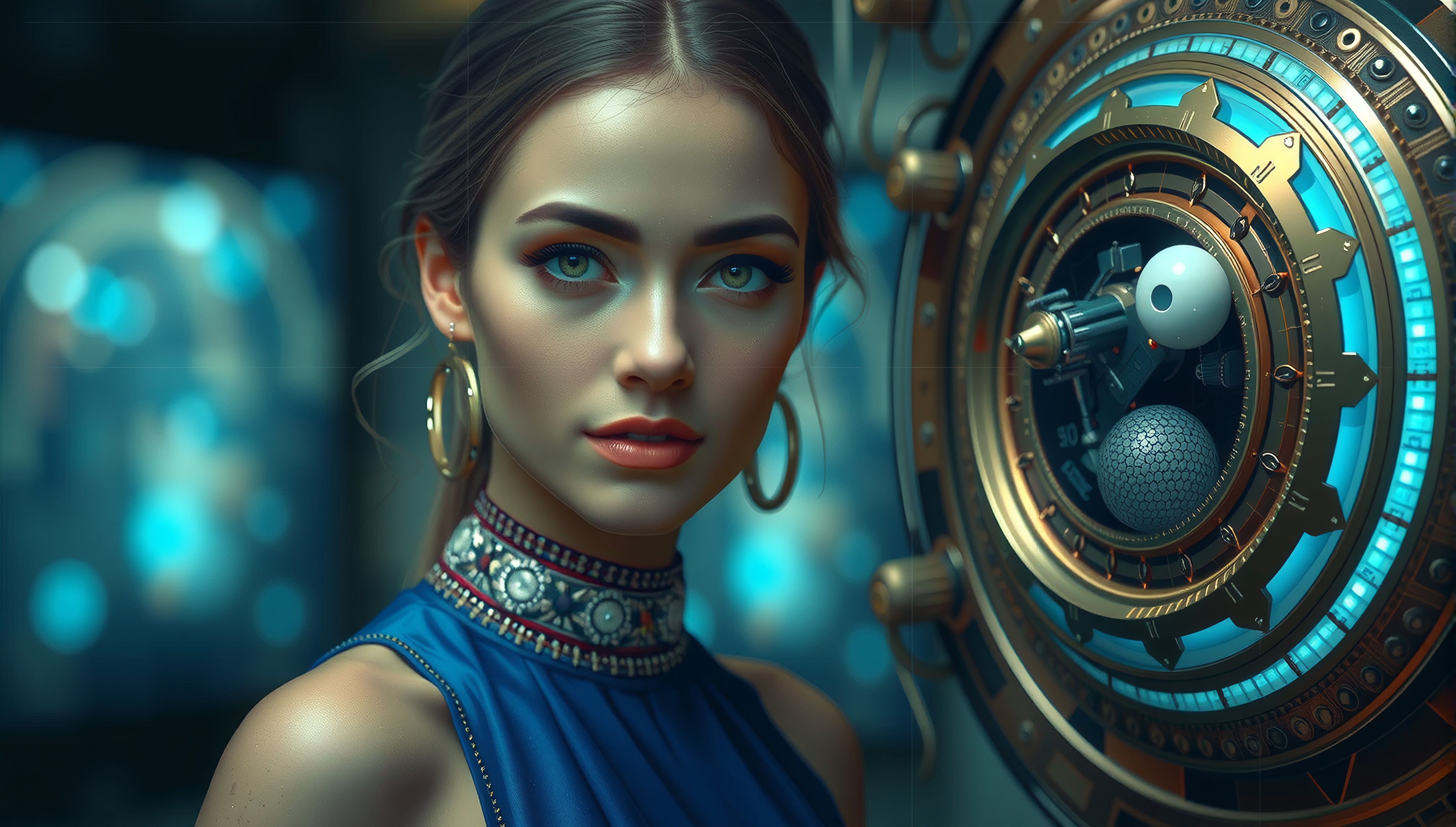 Portrait of a woman beside a futuristic machine.