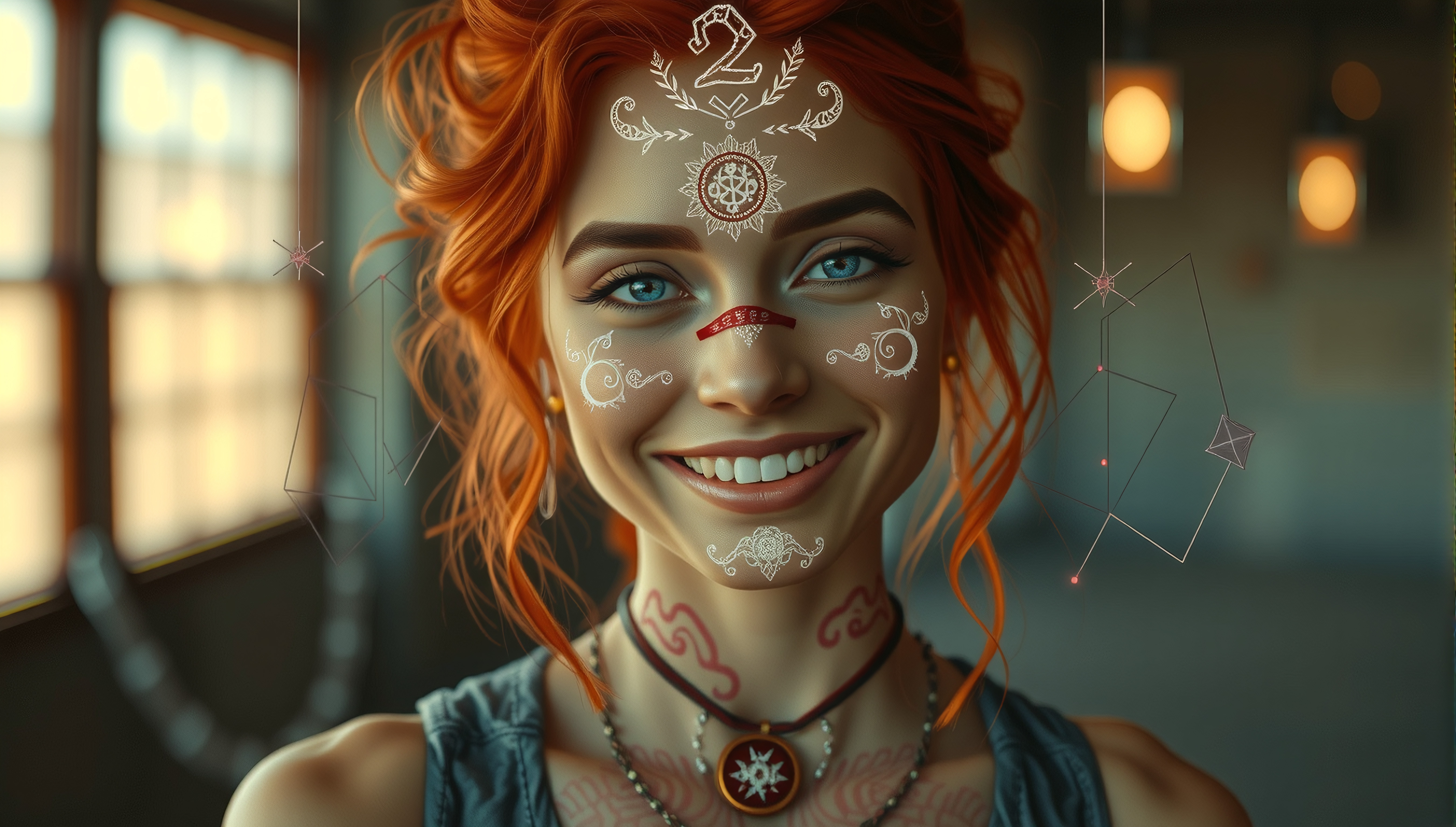 A young woman with red hair and intricate facial tattoos smiles warmly, exuding an enchanting and mystical charm.