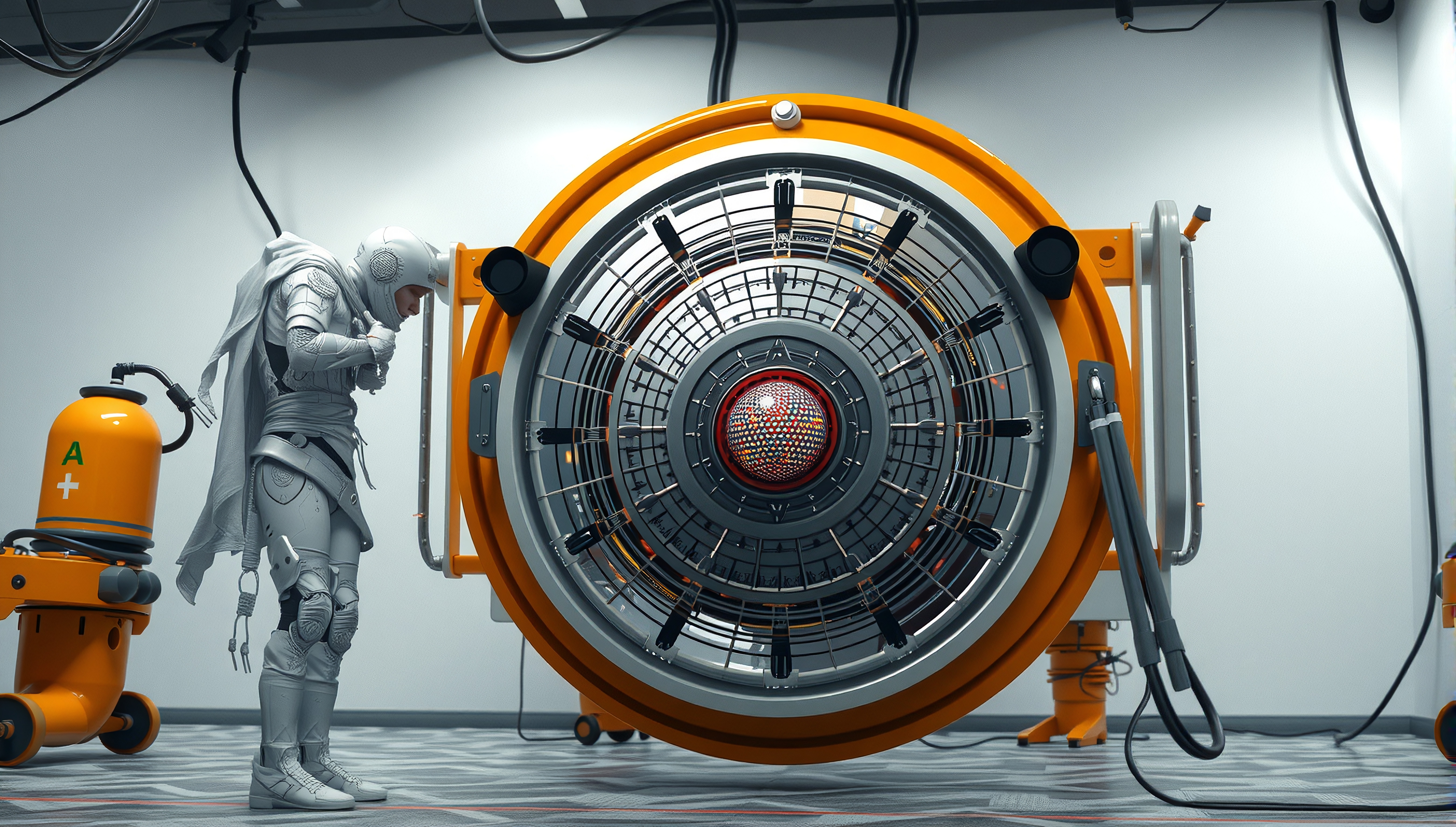 Futuristic scientist examines advanced machinery in laboratory.