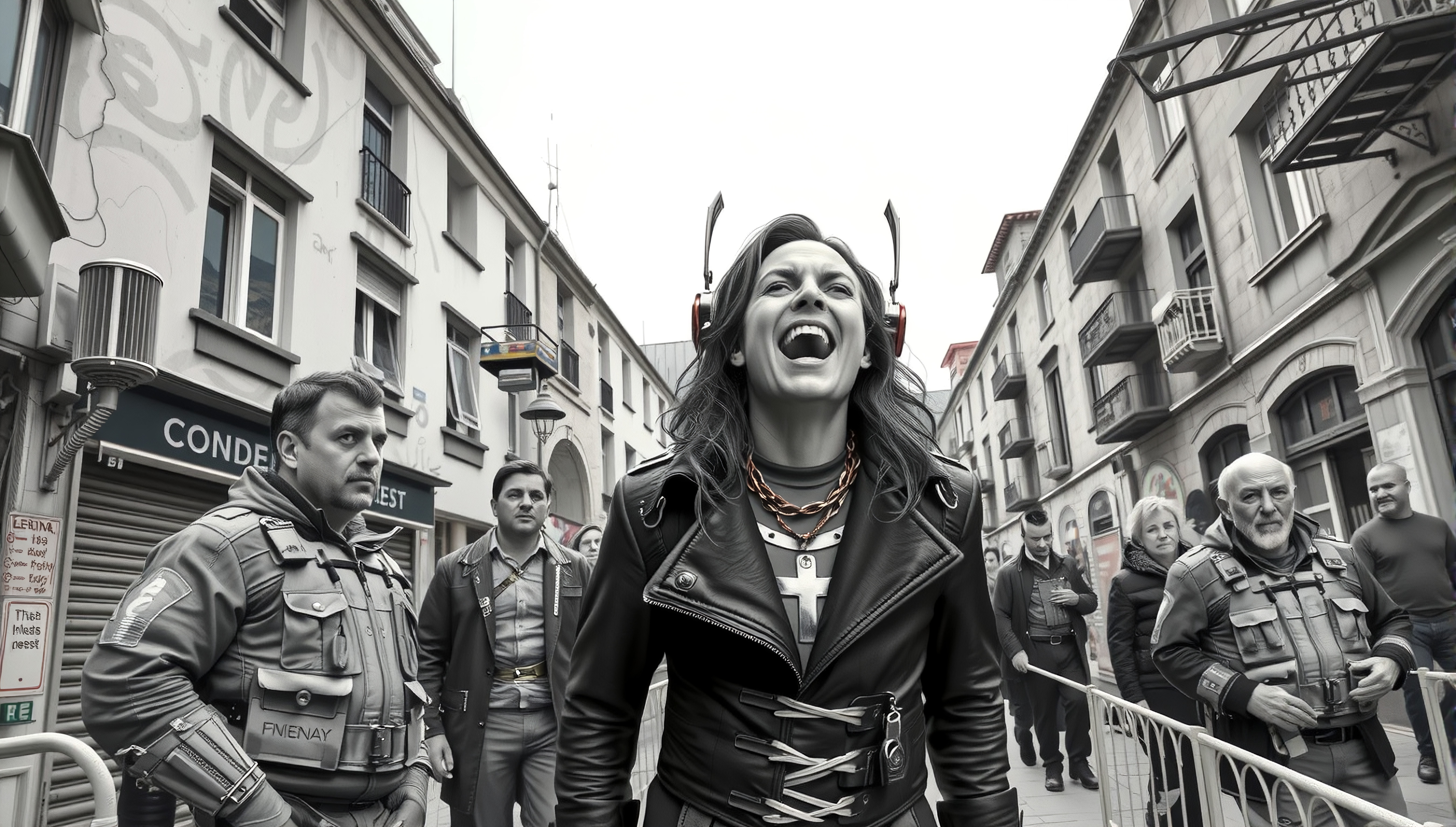 Vibrant woman with futuristic headgear leading group through European street.