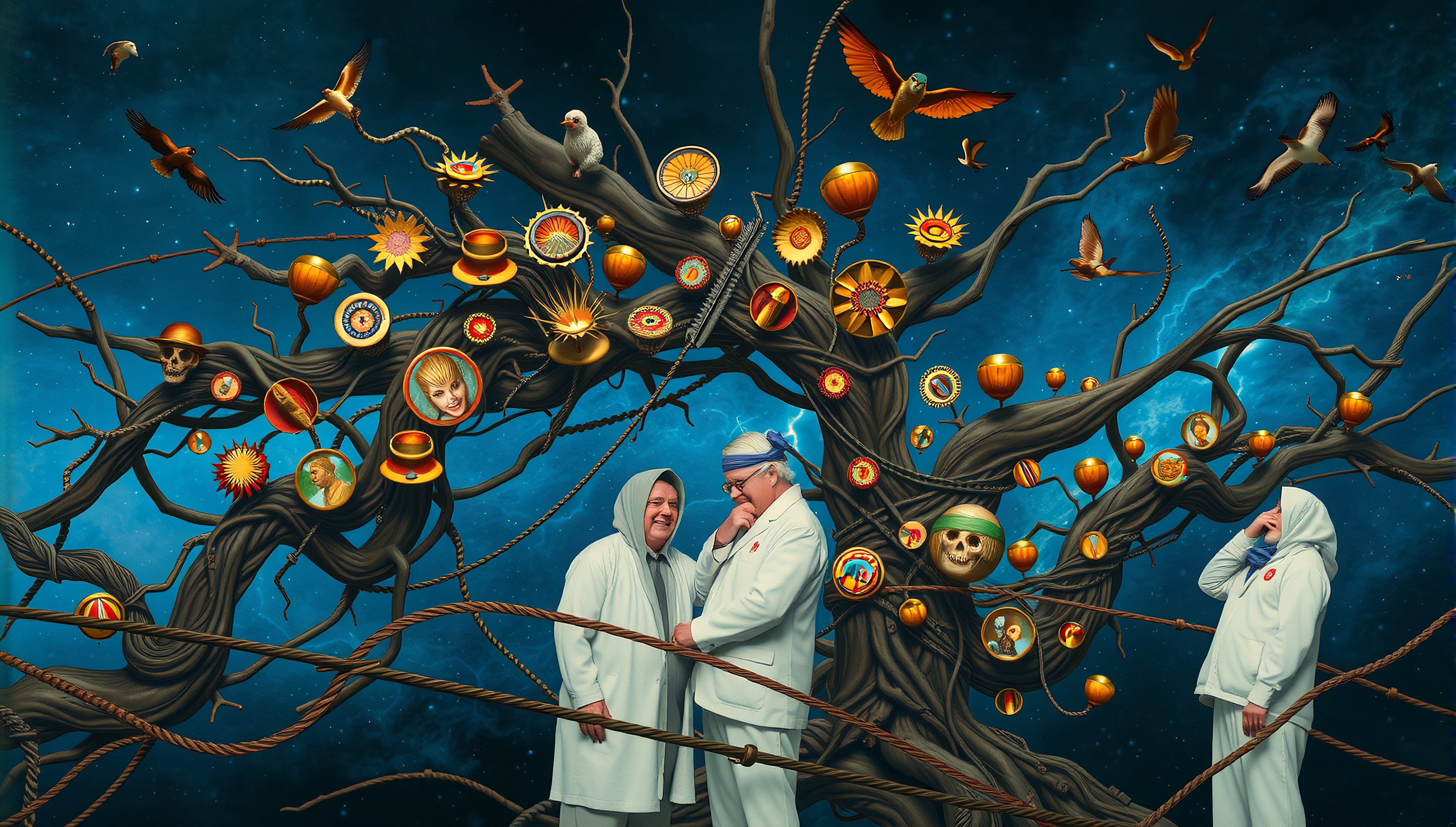 A surreal tree adorned with various ornaments set against a cosmic night sky, including two figures in white coats conversing.