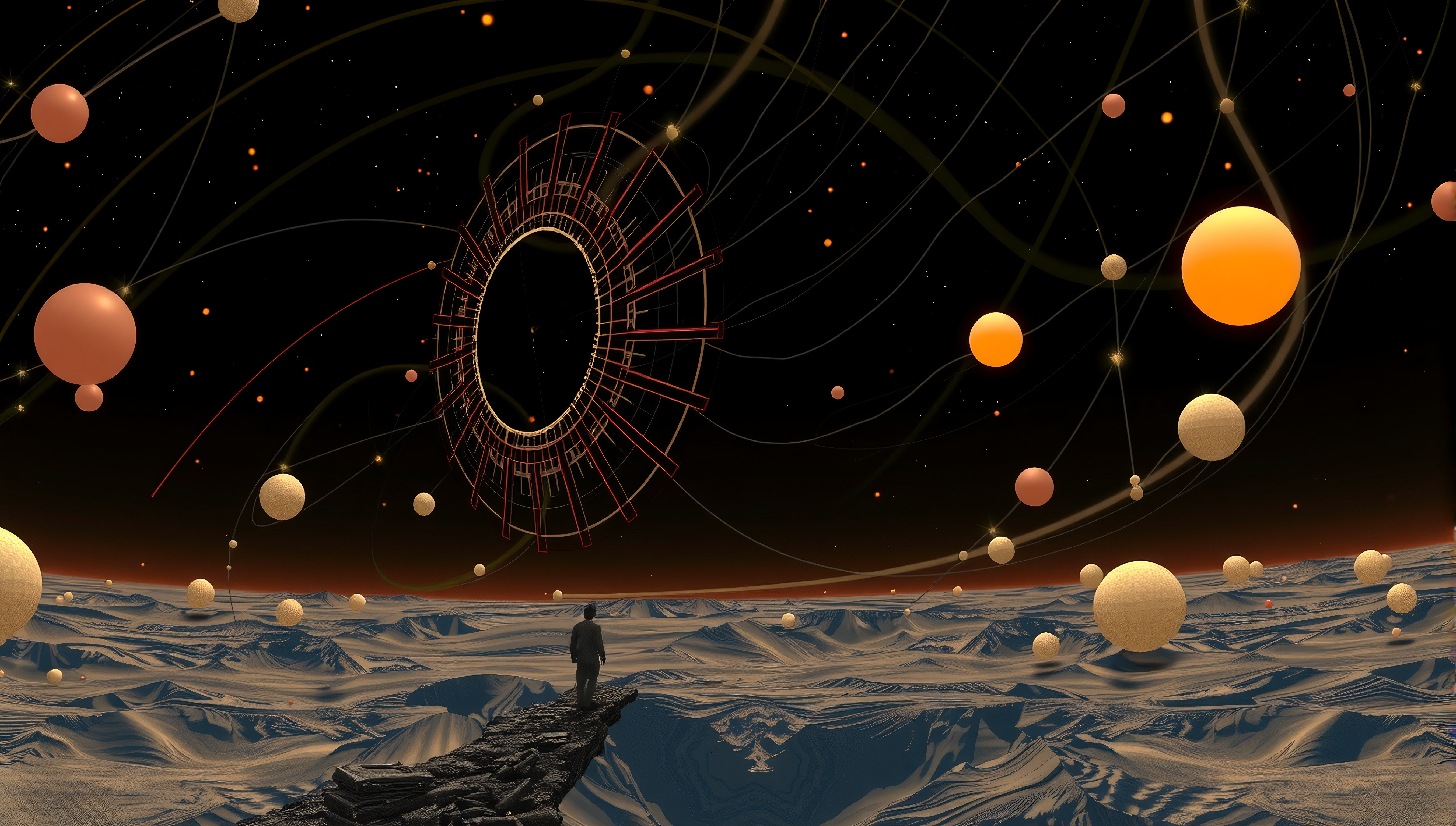 A lone figure stands beneath a mesmerizing night sky filled with glowing spheres, looking over a surreal landscape.
