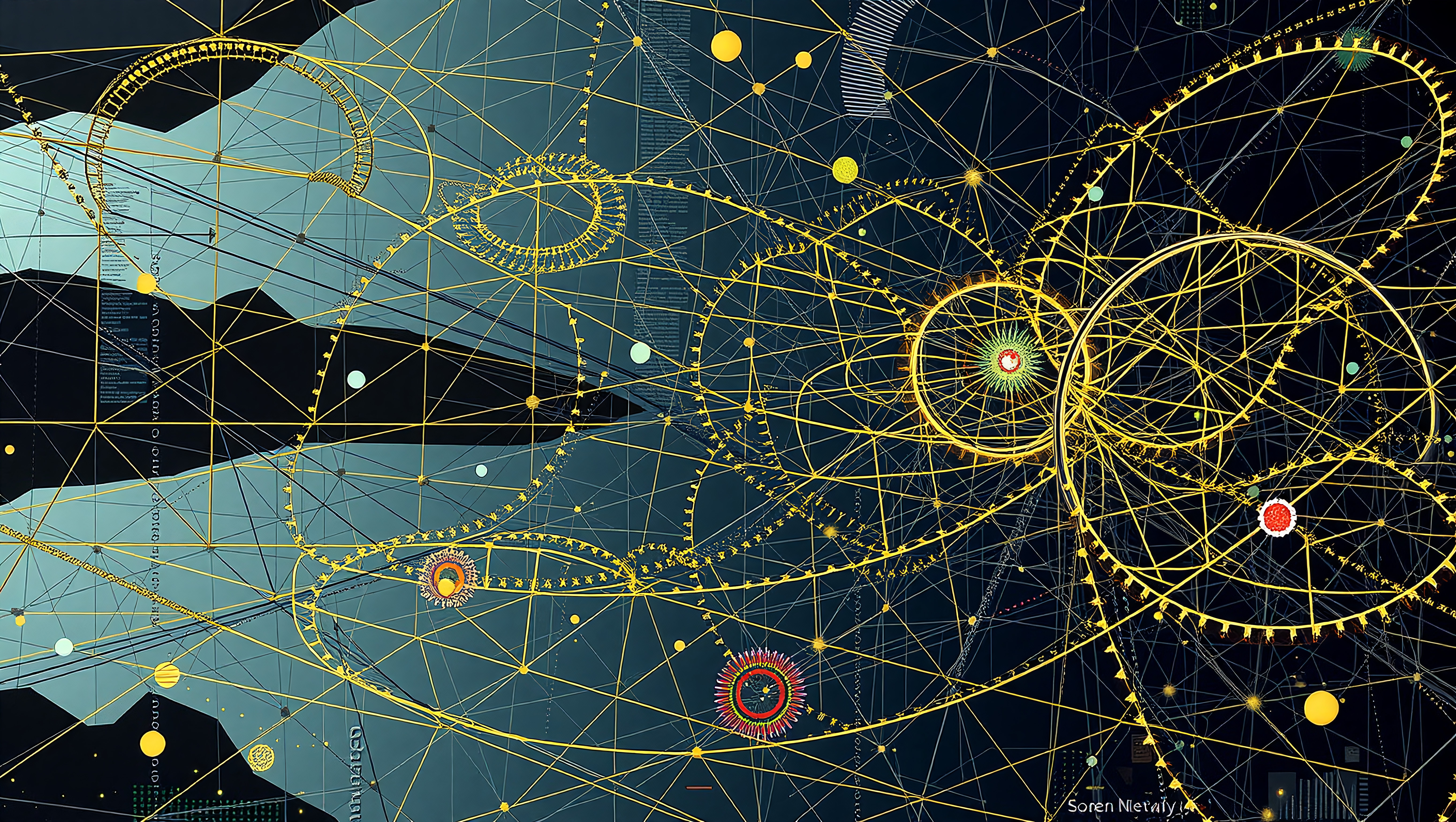 Intricate abstract design with yellow lines forming a cosmic map on dark blue background.